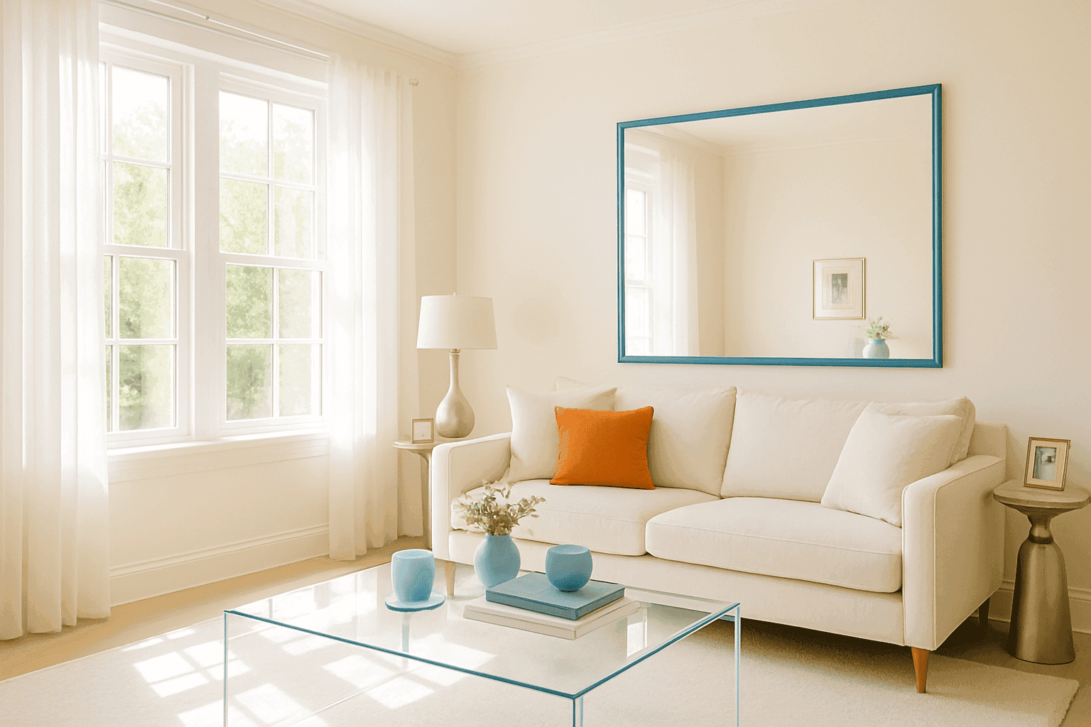 Bright, airy room with strategically placed mirrors and light-enhancing elements