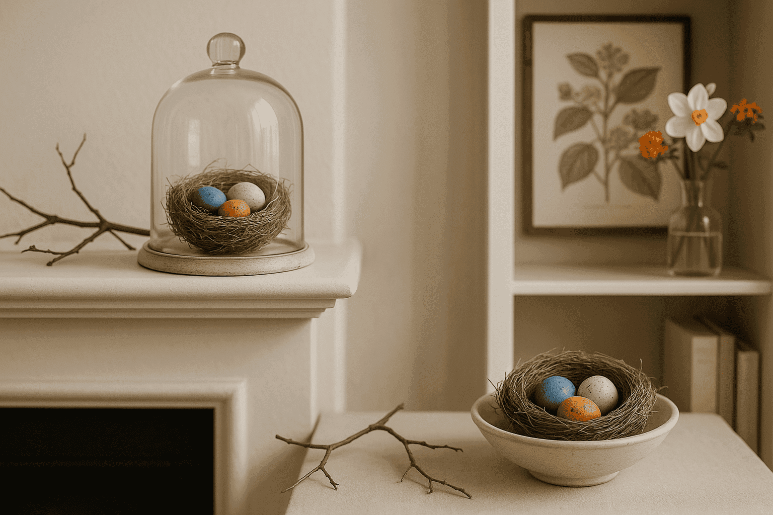 Beautifully styled vignettes featuring decorative birds' nests in spring decor