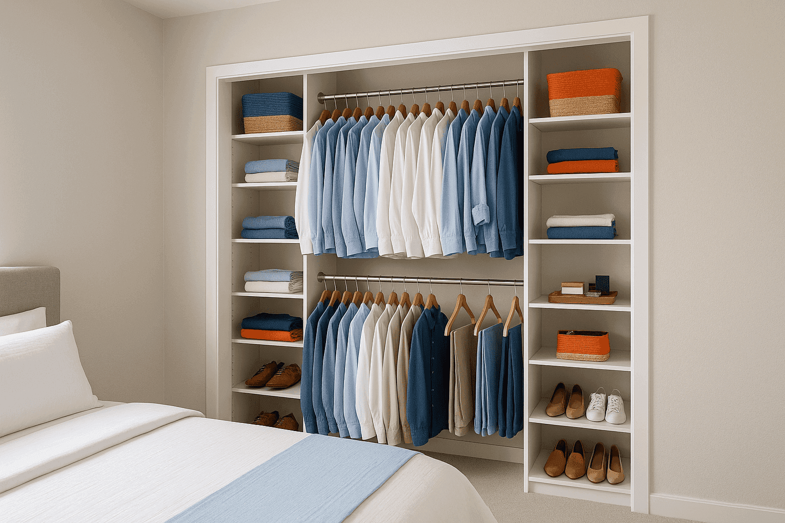 Stylish bedroom with open concept closet featuring organized clothing and accessories