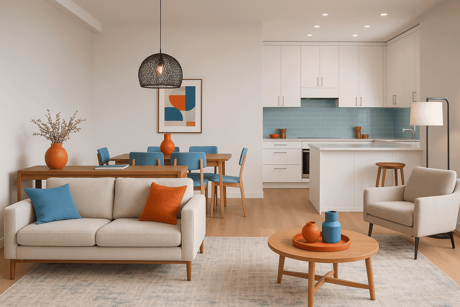 Open concept living space with well-defined zones and cohesive design