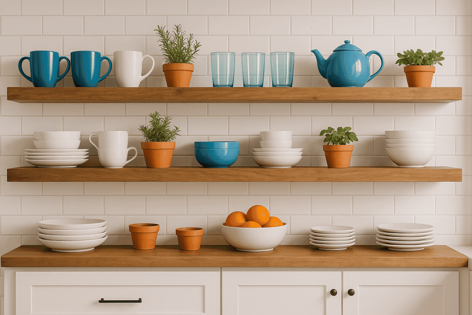 Kitchen with stylish open shelving displaying dishes and decor