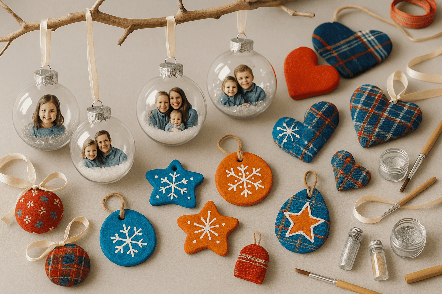 Collection of handmade Christmas ornaments including personalized photo globes and glitter designs