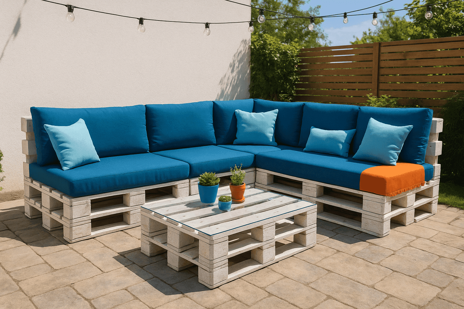 Stylish outdoor patio with DIY pallet furniture including sofa and coffee table