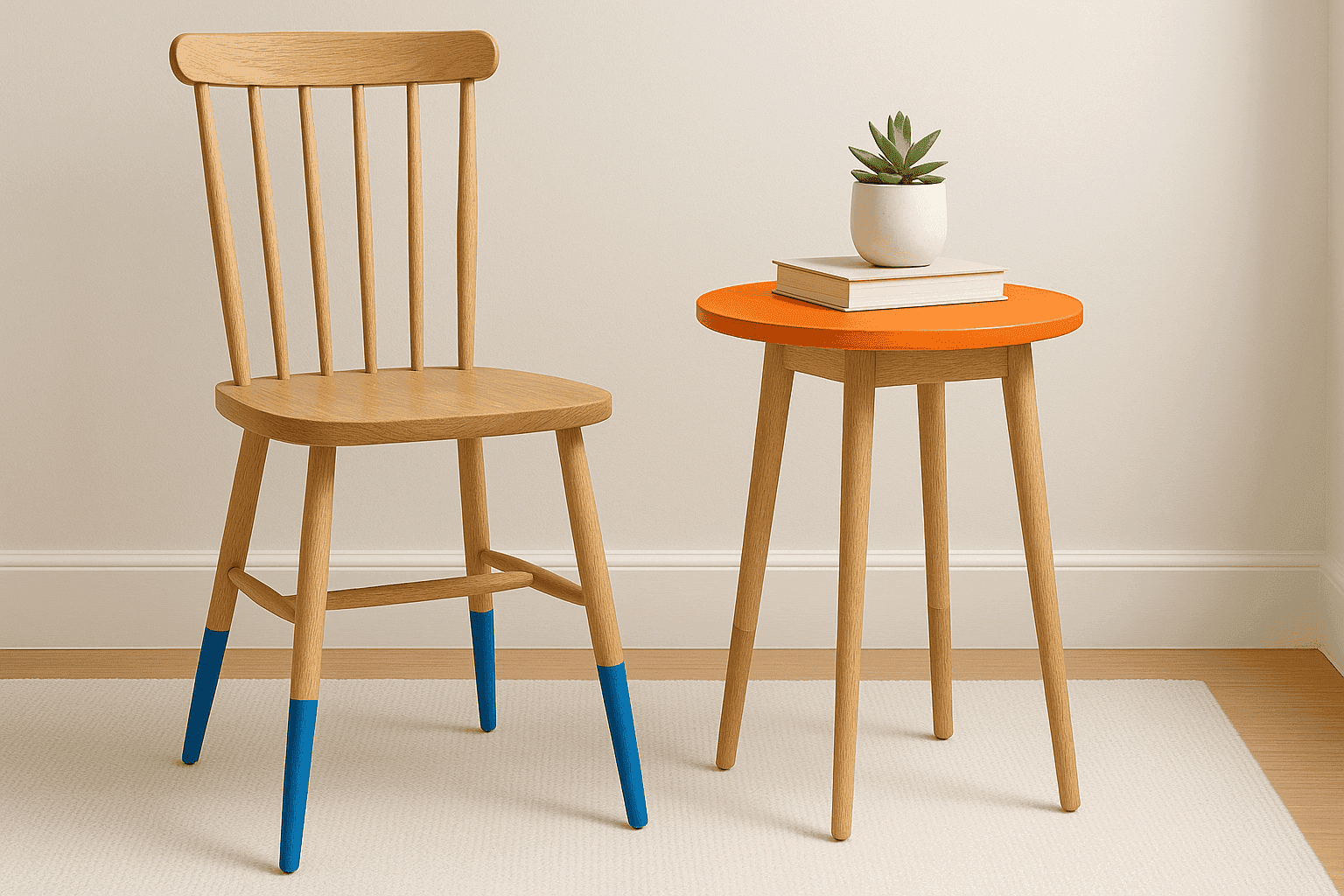Wooden chair with legs dipped in bright blue paint