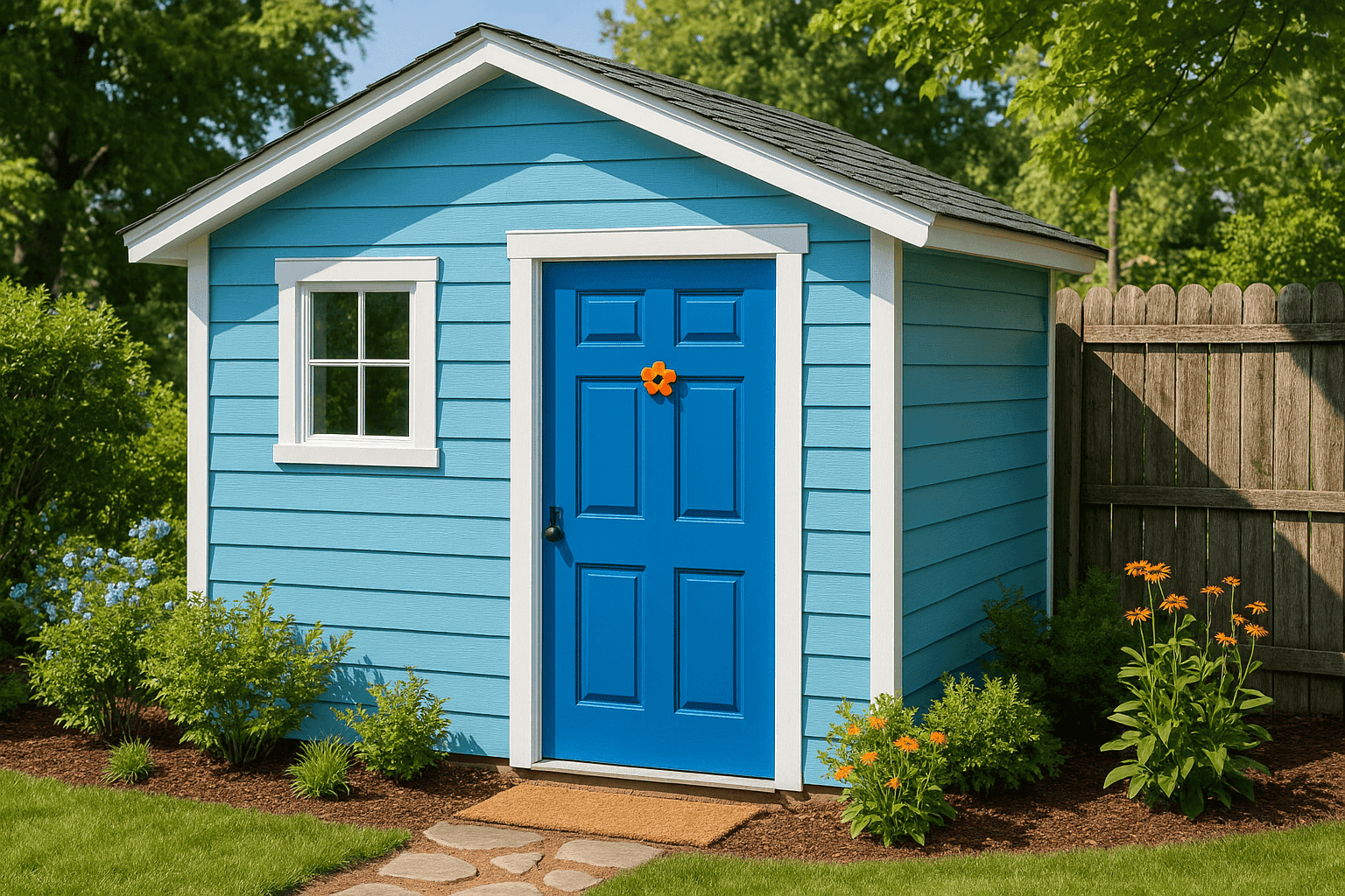 Freshly painted garden shed in bright color