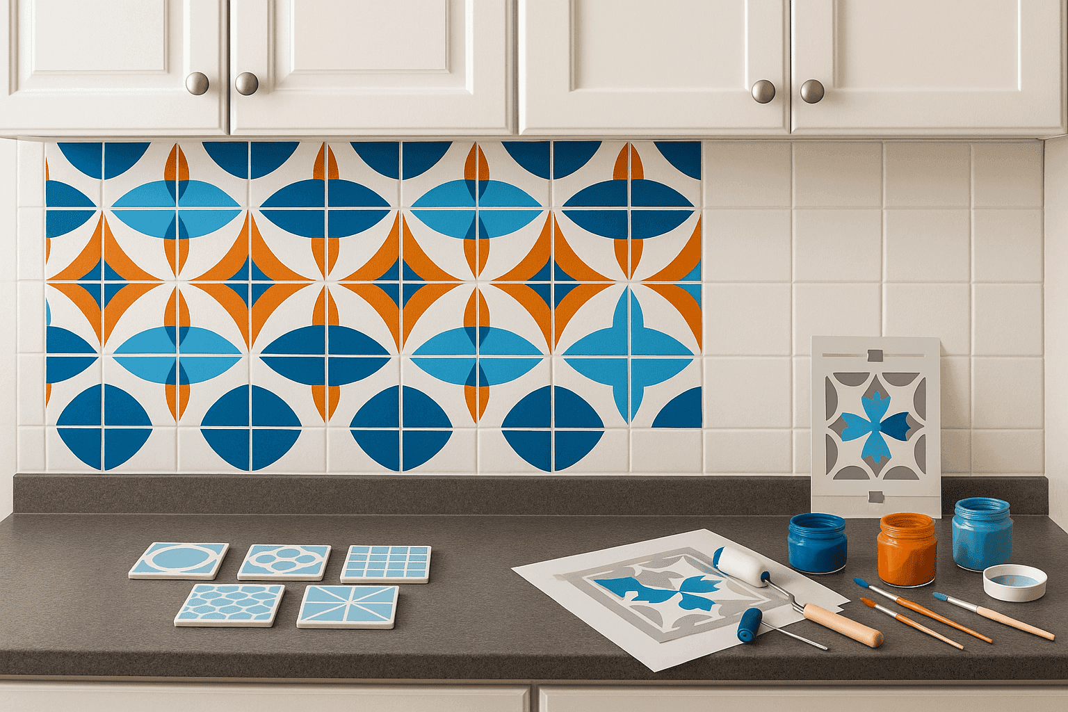 Kitchen backsplash with hand-painted tile pattern