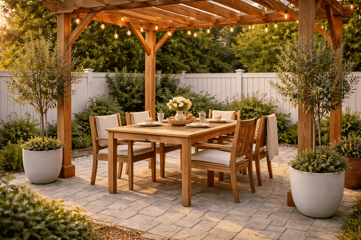 DIY paver patio with outdoor dining furniture, string lights overhead, and potted plants on a warm summer evening