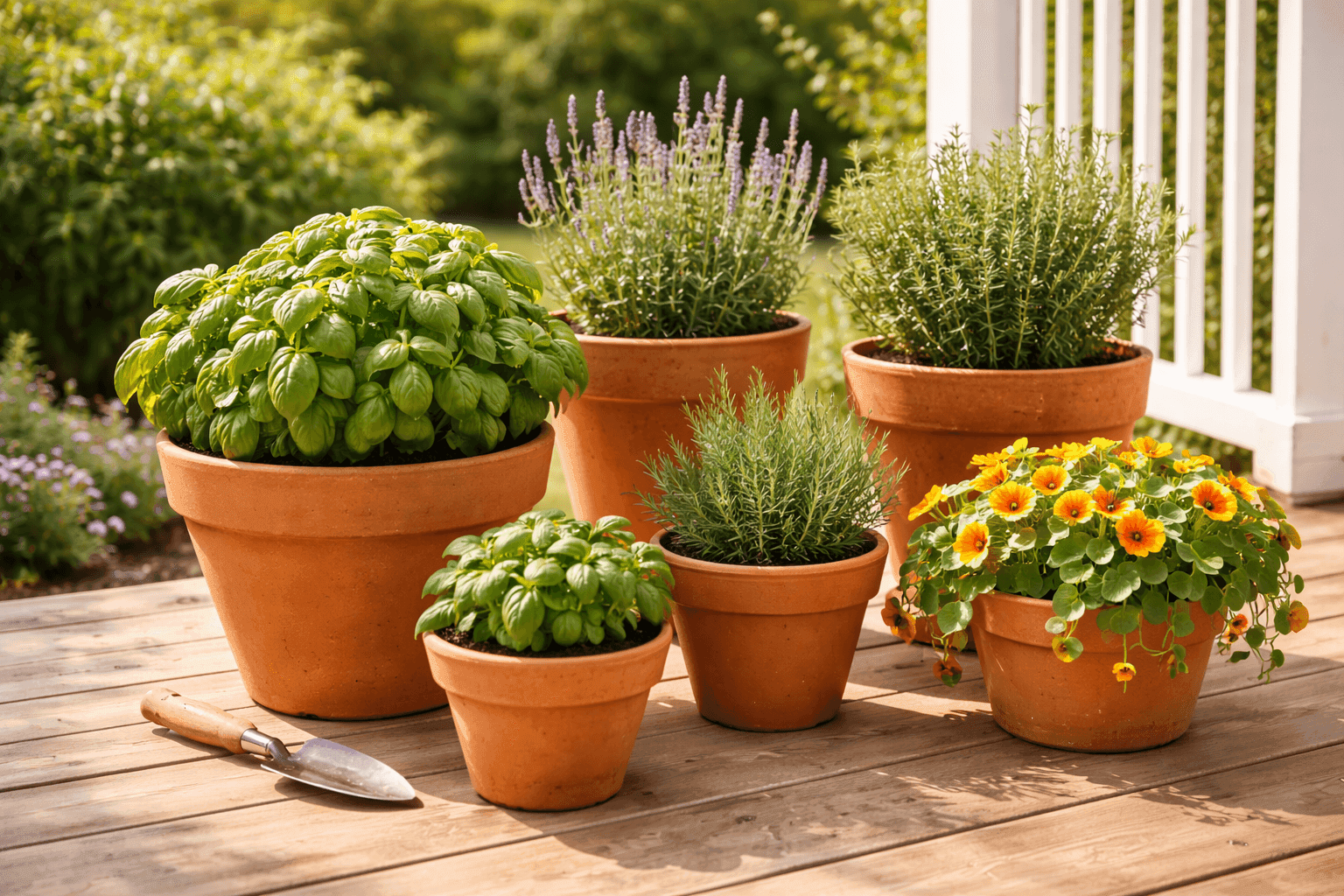 Healthy thriving outdoor container garden with herbs and flowers in coordinating terracotta pots on a sunny porch
