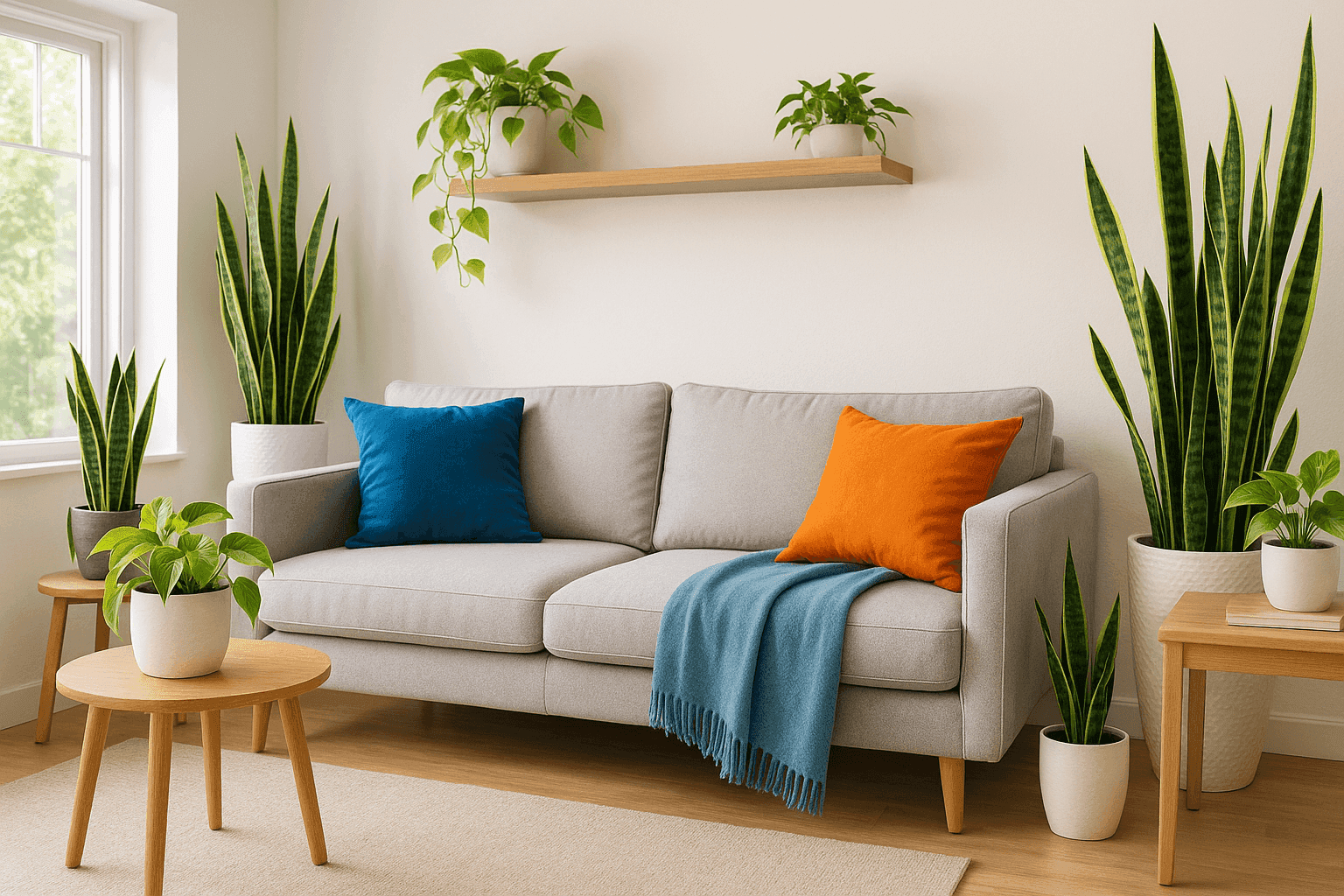 Beautiful home plants around a sofa in a living room