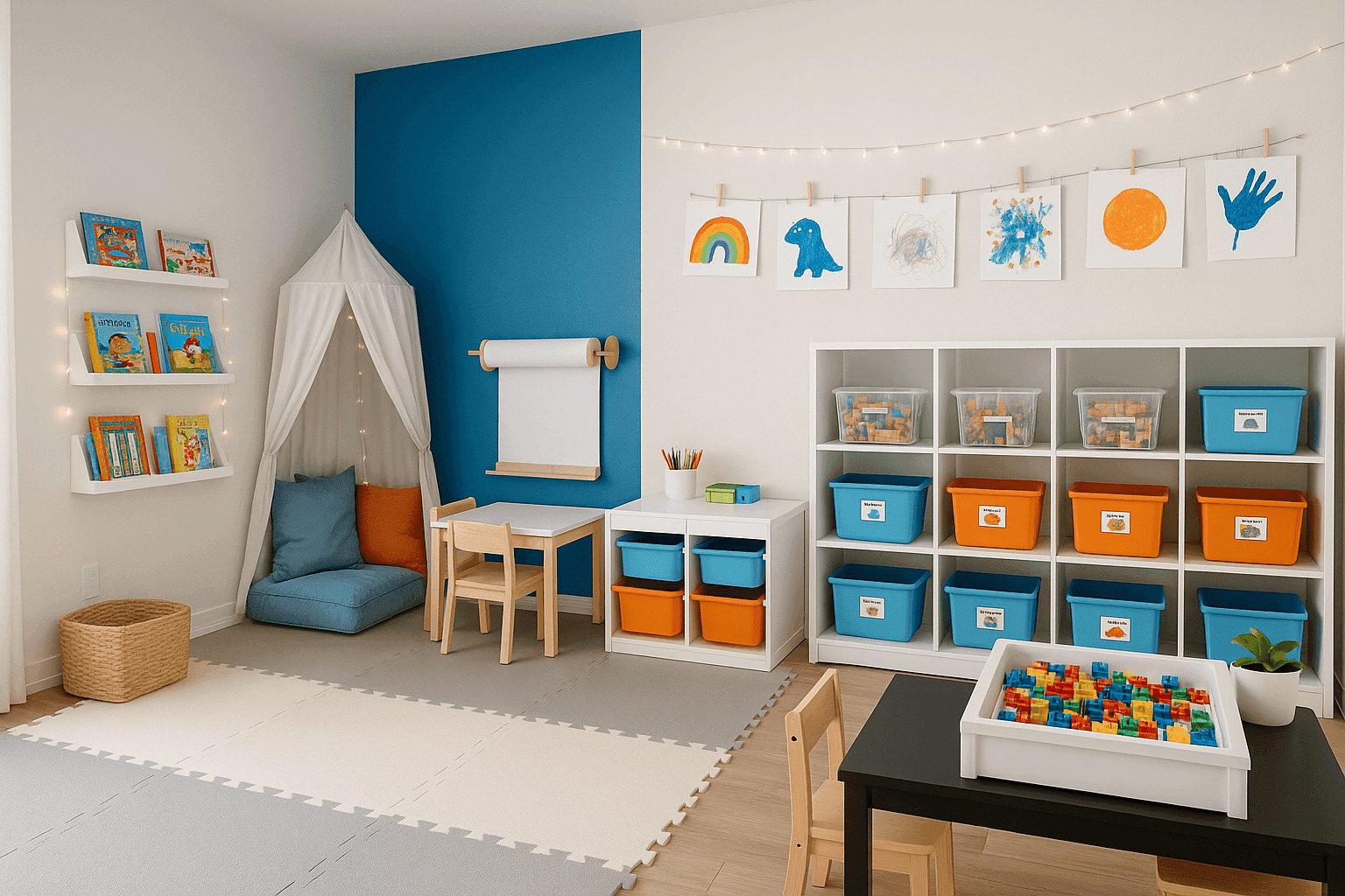 Colorful, organized playroom with distinct activity zones