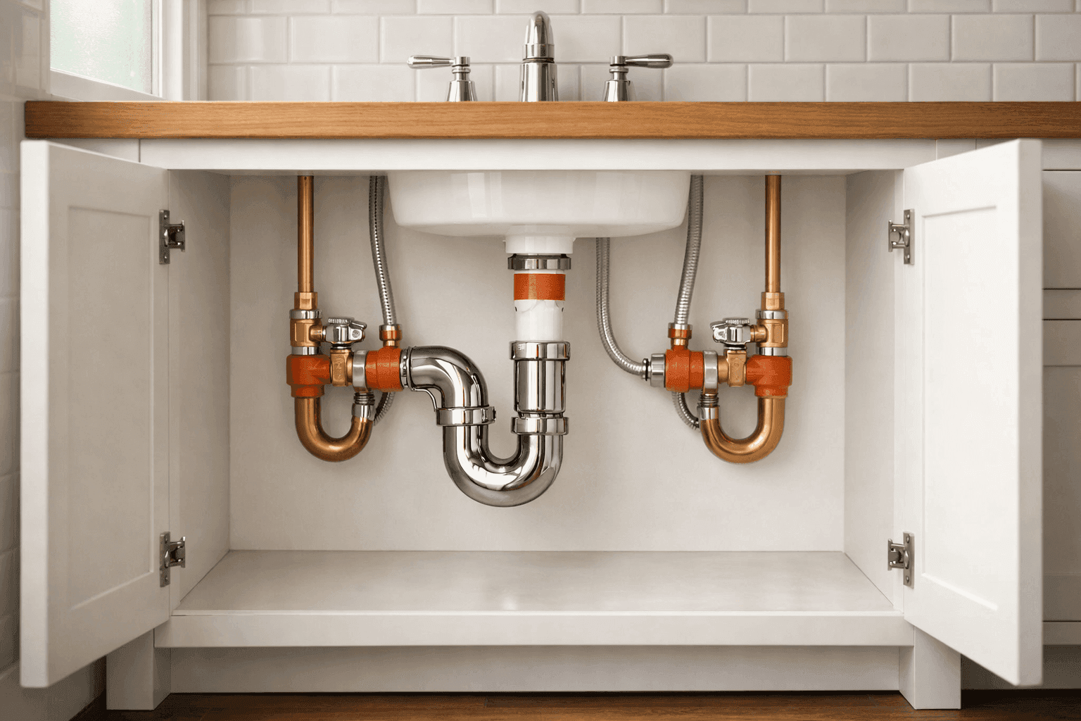 Under-sink plumbing with clean pipe connections and modern fixtures