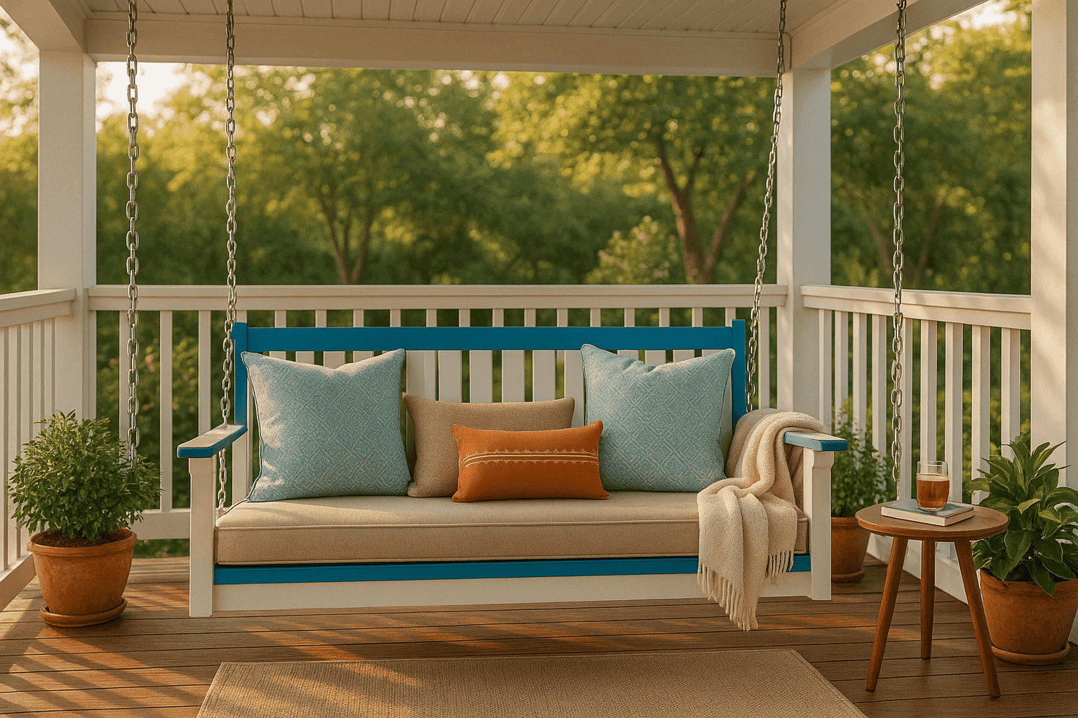 Cozy porch swing with pillows and throw blanket