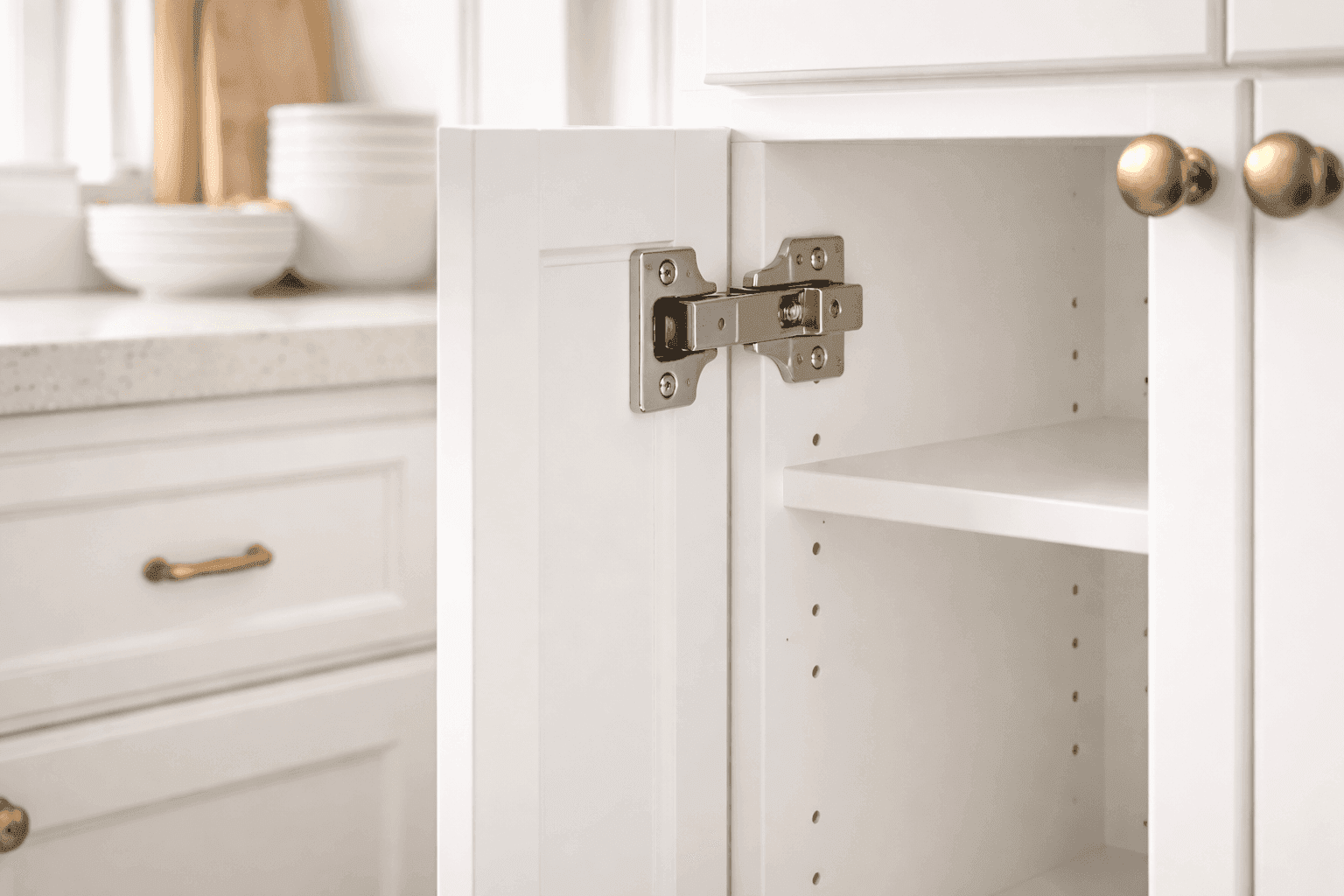 Collection of small DIY home improvement wins: new outlet covers, cabinet bumpers, door stops, and magnetic cabinet latches on a clean white surface