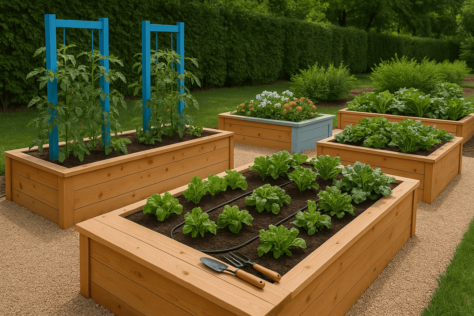 Well-designed raised garden beds with flourishing plants and organized layout