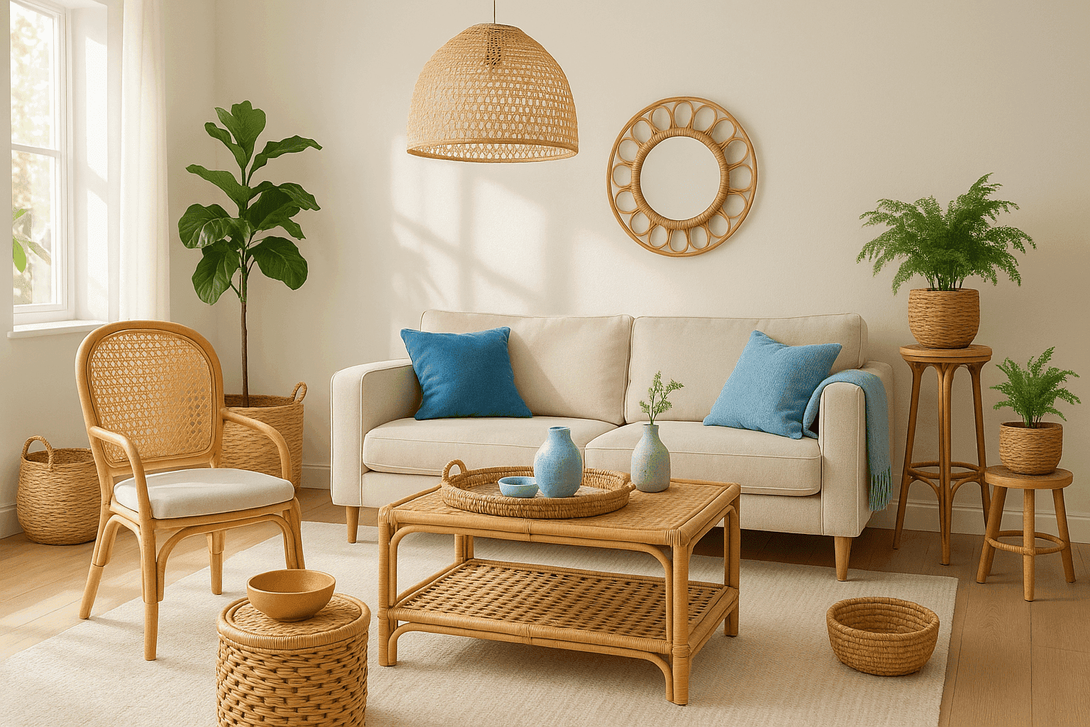 Beautifully styled living space featuring rattan and cane furniture and accessories