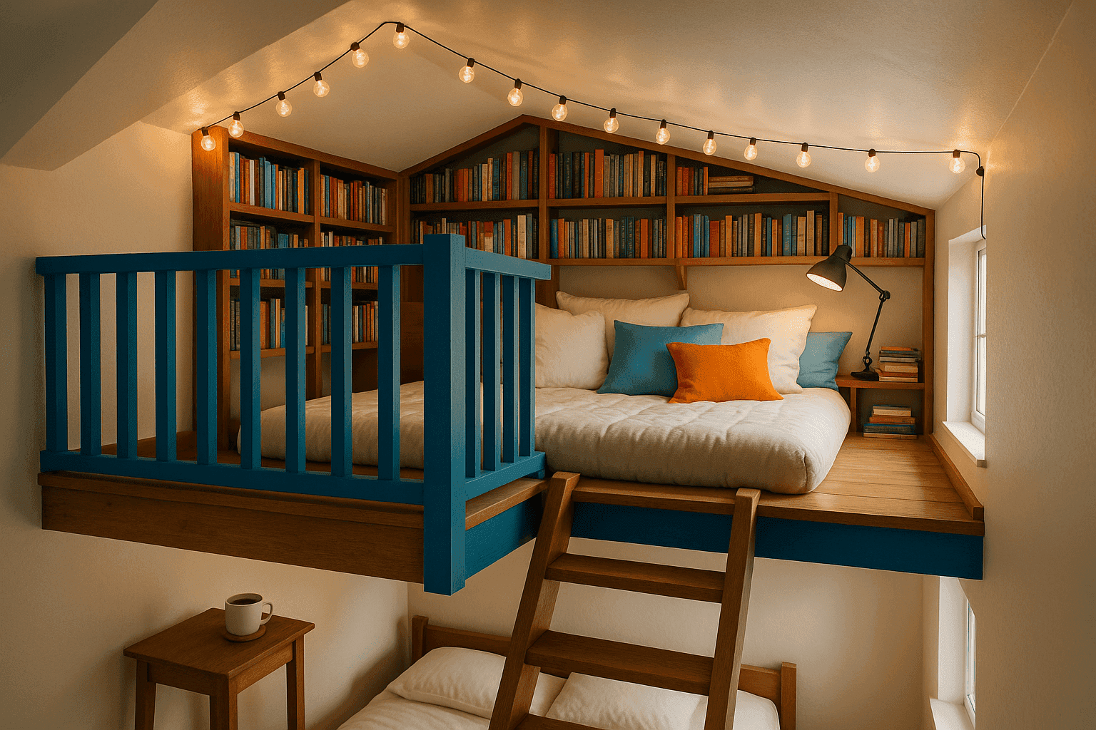 Cozy reading loft with bookshelves and comfortable cushions