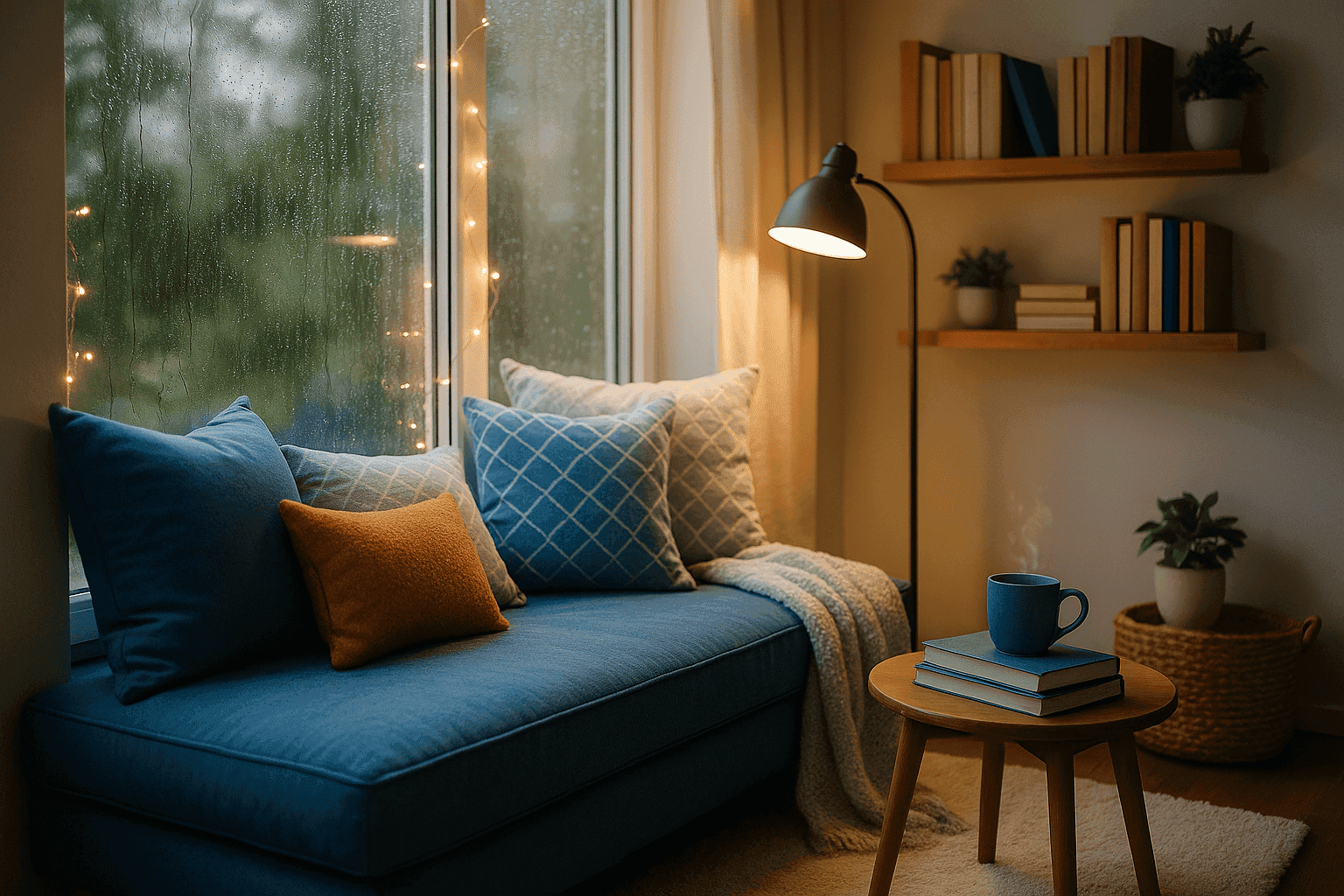 Comfortable reading nook with window seat, soft blankets, and string lights