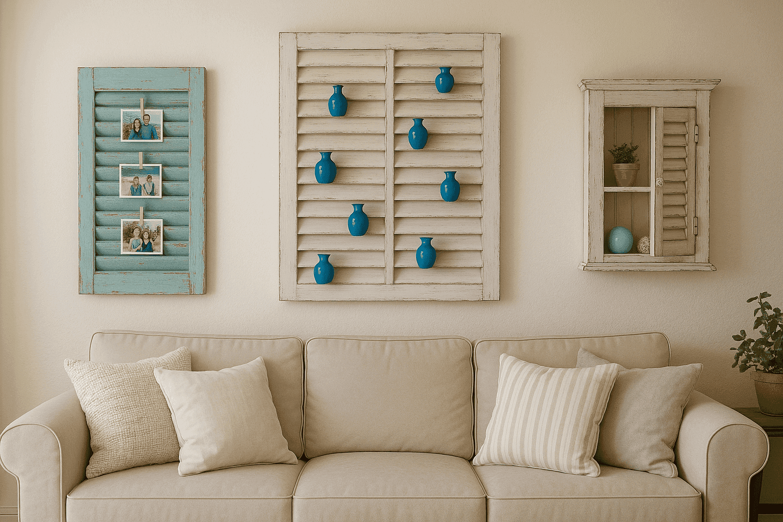Living room featuring beautifully repurposed vintage shutters as wall decor