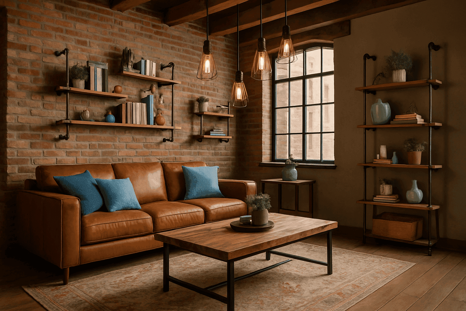 Living room with rustic wood elements, metal accents, and Edison bulb lighting