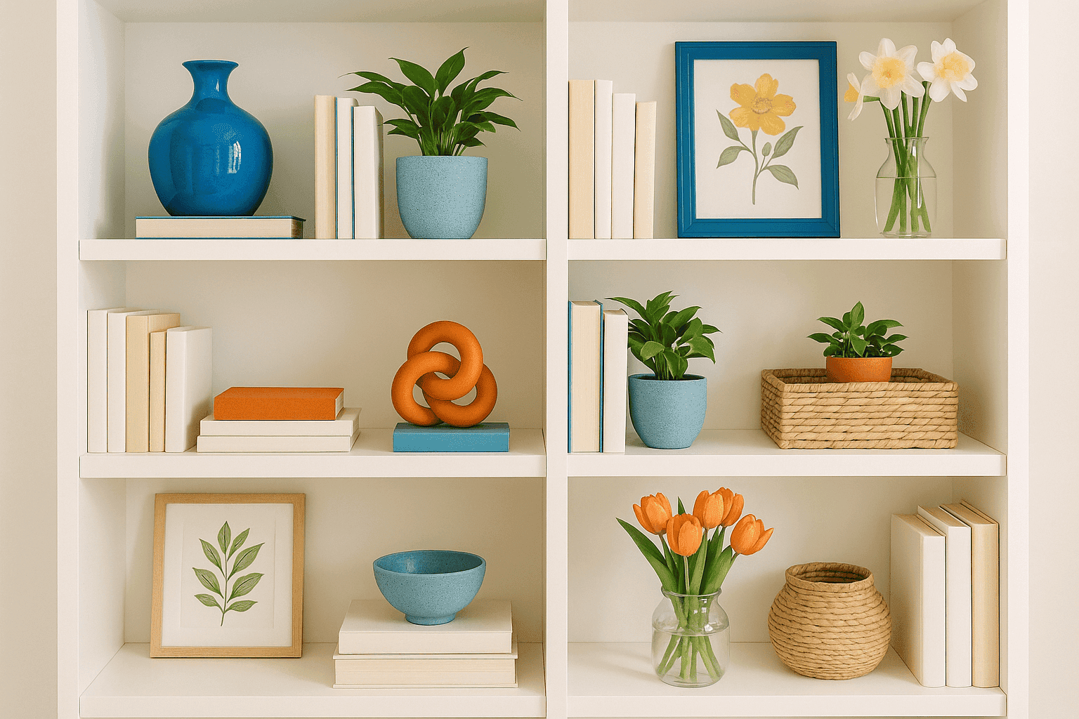 Beautifully styled shelves with spring decor and pastel accents