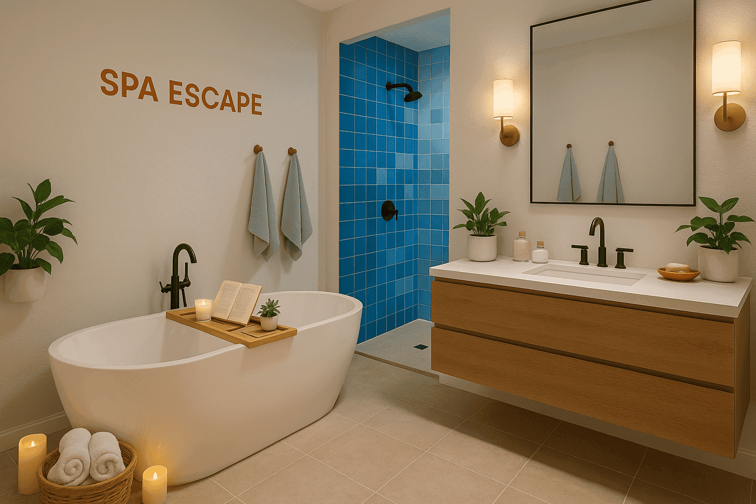 Serene bathroom with natural elements, soft lighting, and luxury touches