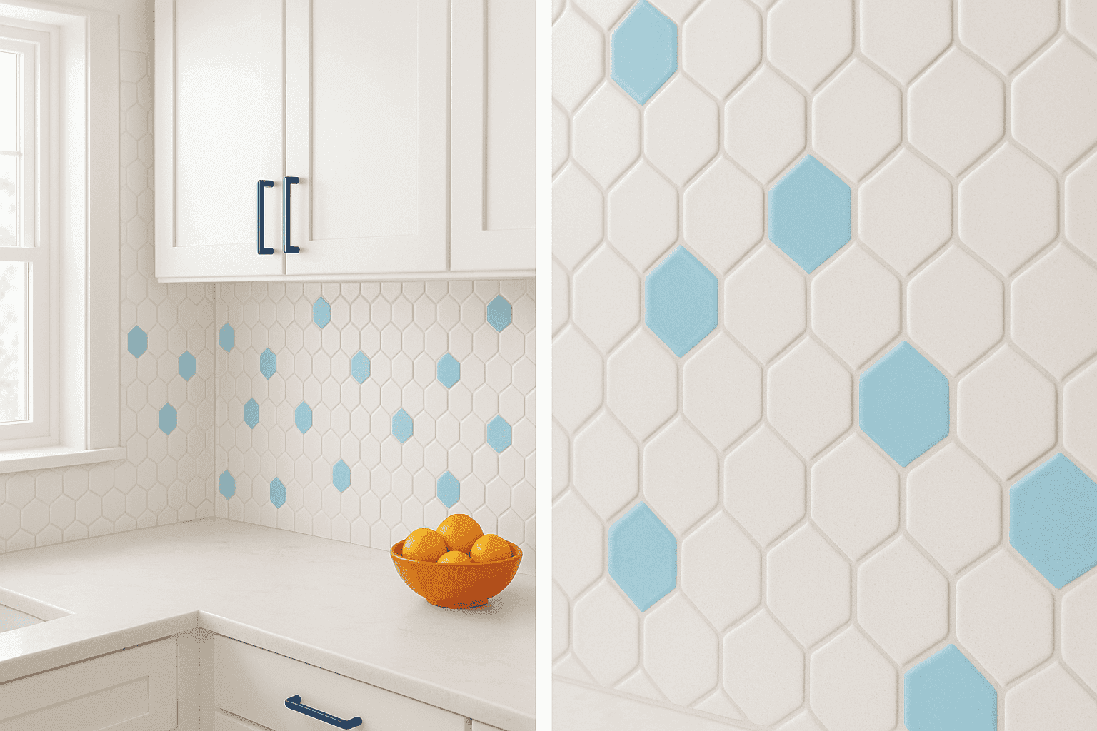 Bright kitchen with newly installed light-colored backsplash