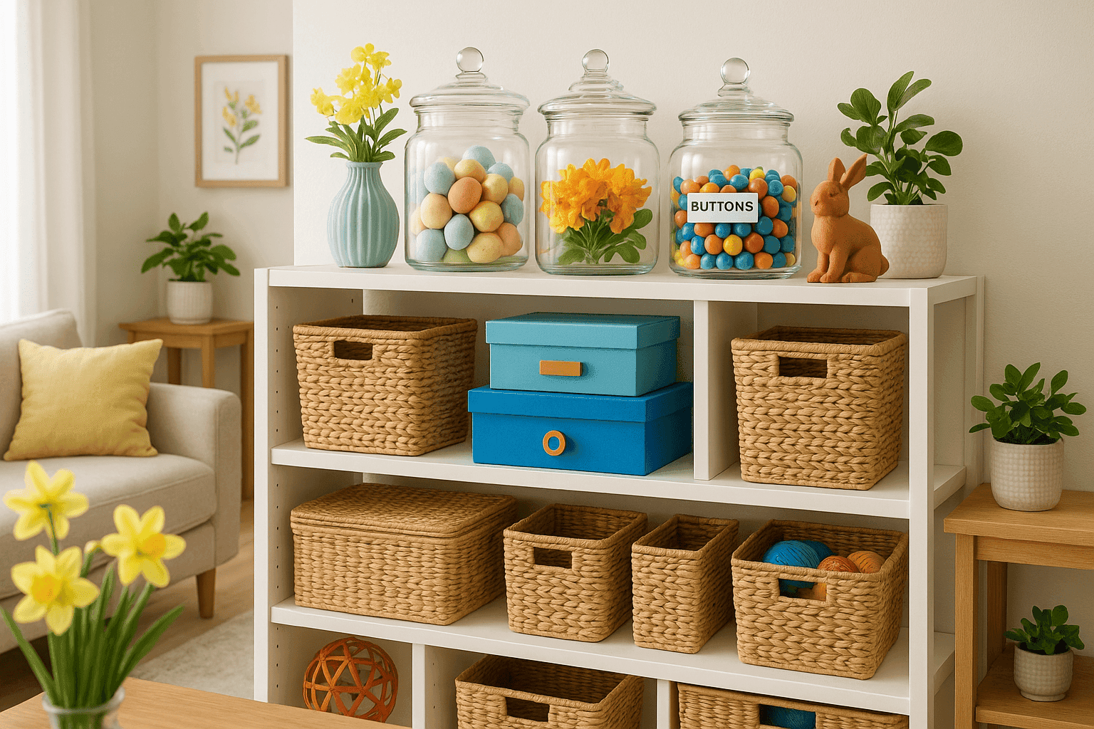Stylish storage solutions featuring decorative baskets, glass jars and organized shelving