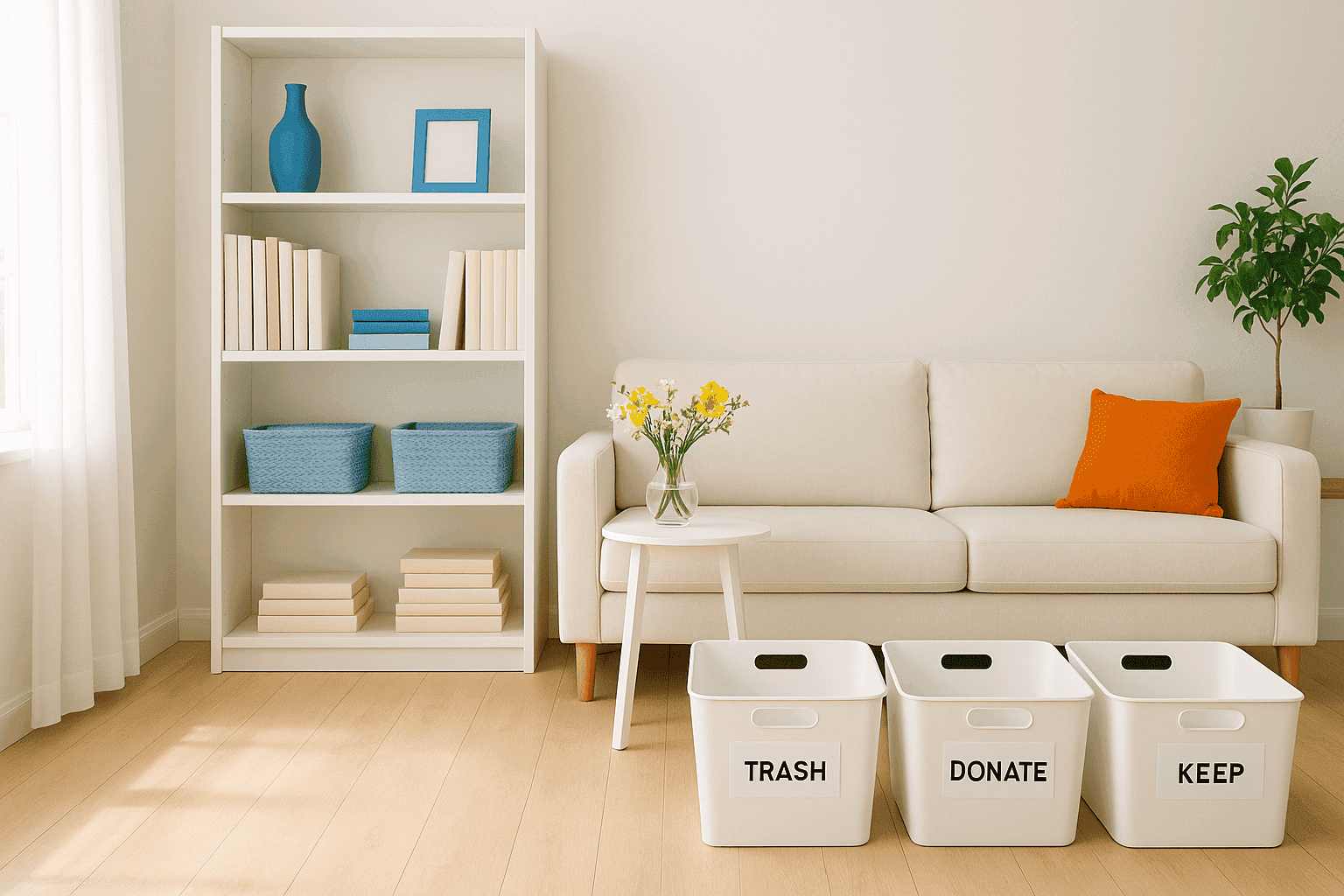 Organized living space with minimalist decor and light spring touches