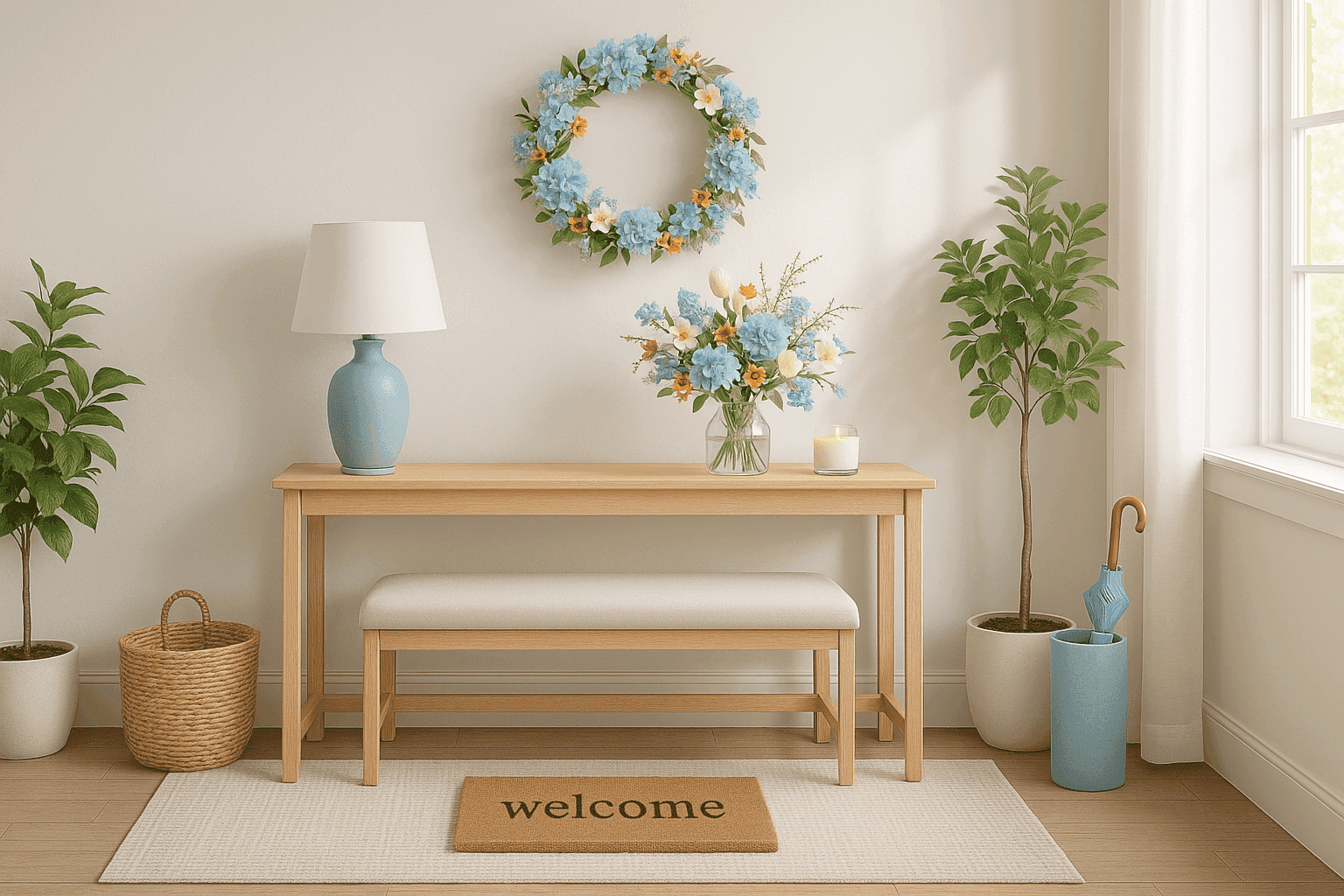 Beautifully styled spring entryway with seasonal decor