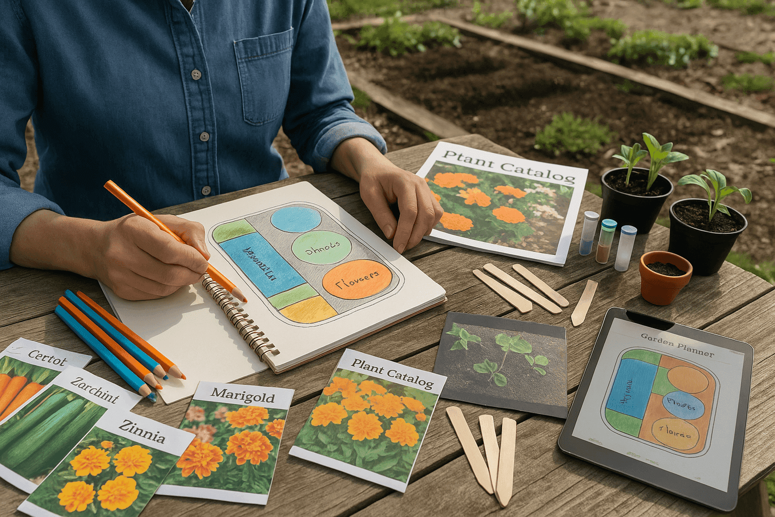 Gardener planning spring garden with notebook, plant catalogs and diagram