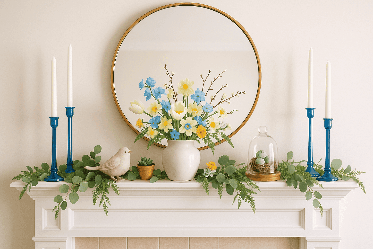 Beautifully styled spring mantel with flowers and decor