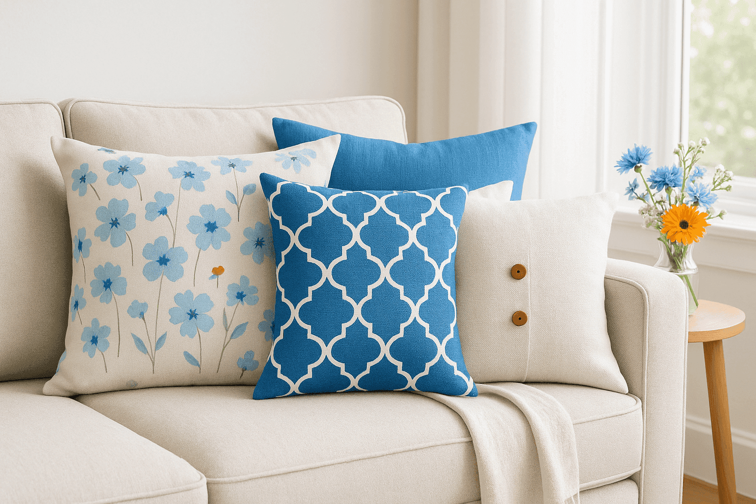 Beautiful spring-themed pillow covers on a sofa