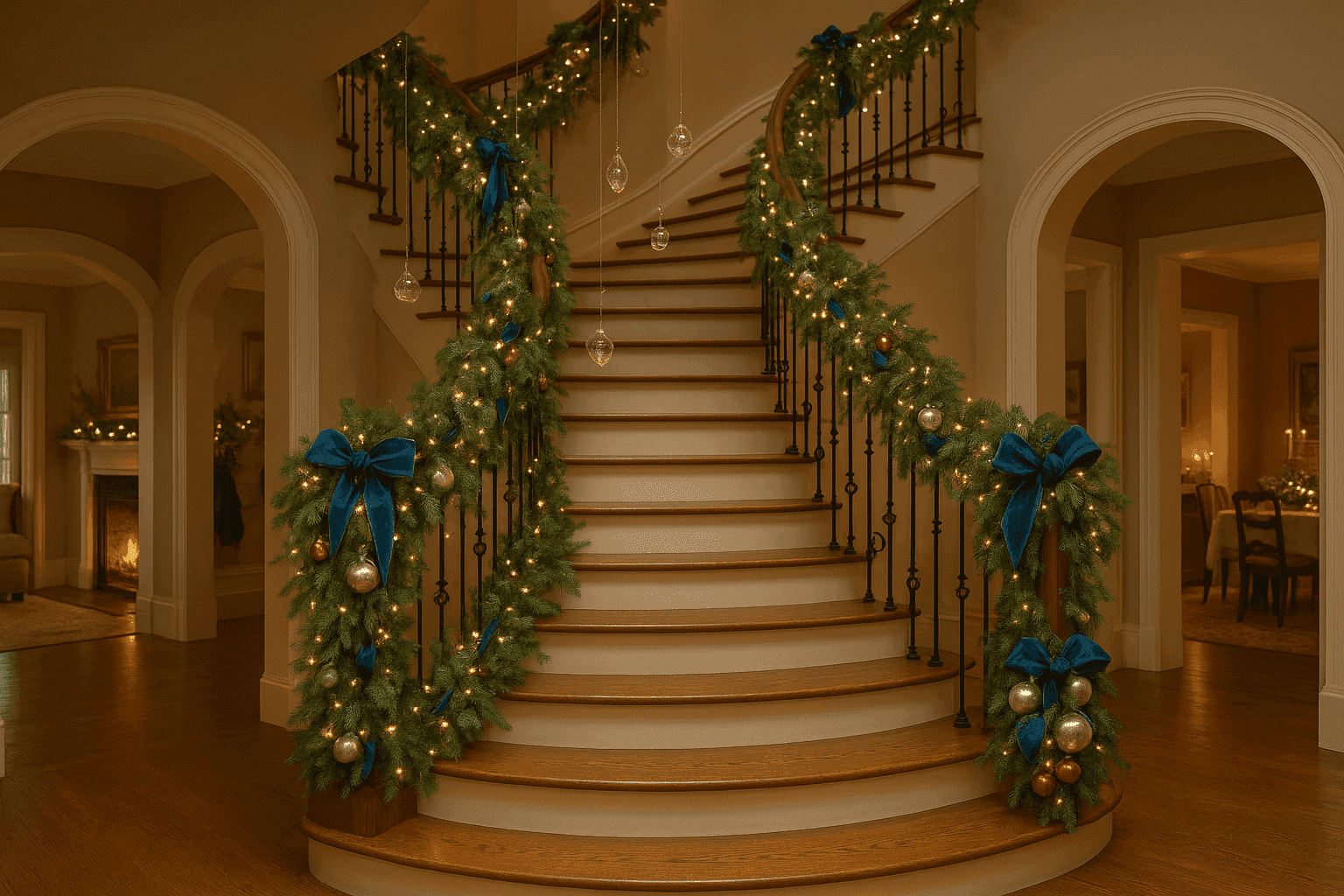 Beautifully decorated staircase with garland, lights, and festive accents