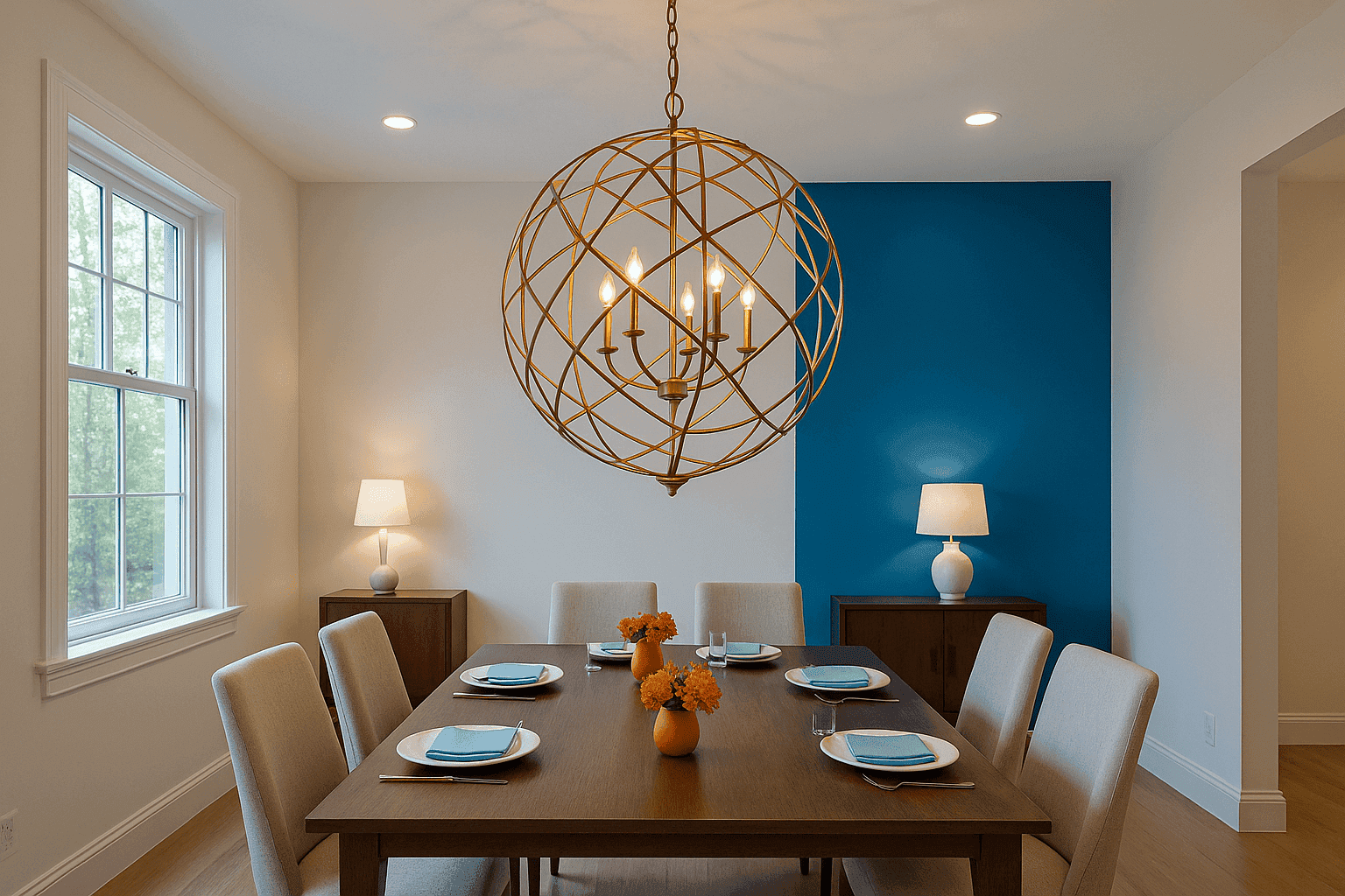 Elegant dining room with a dramatic oversized pendant light above the table