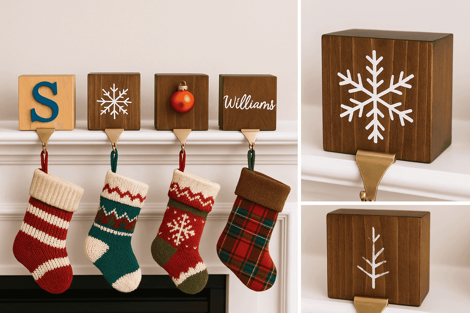 Collection of handmade personalized stocking holders on a fireplace mantel