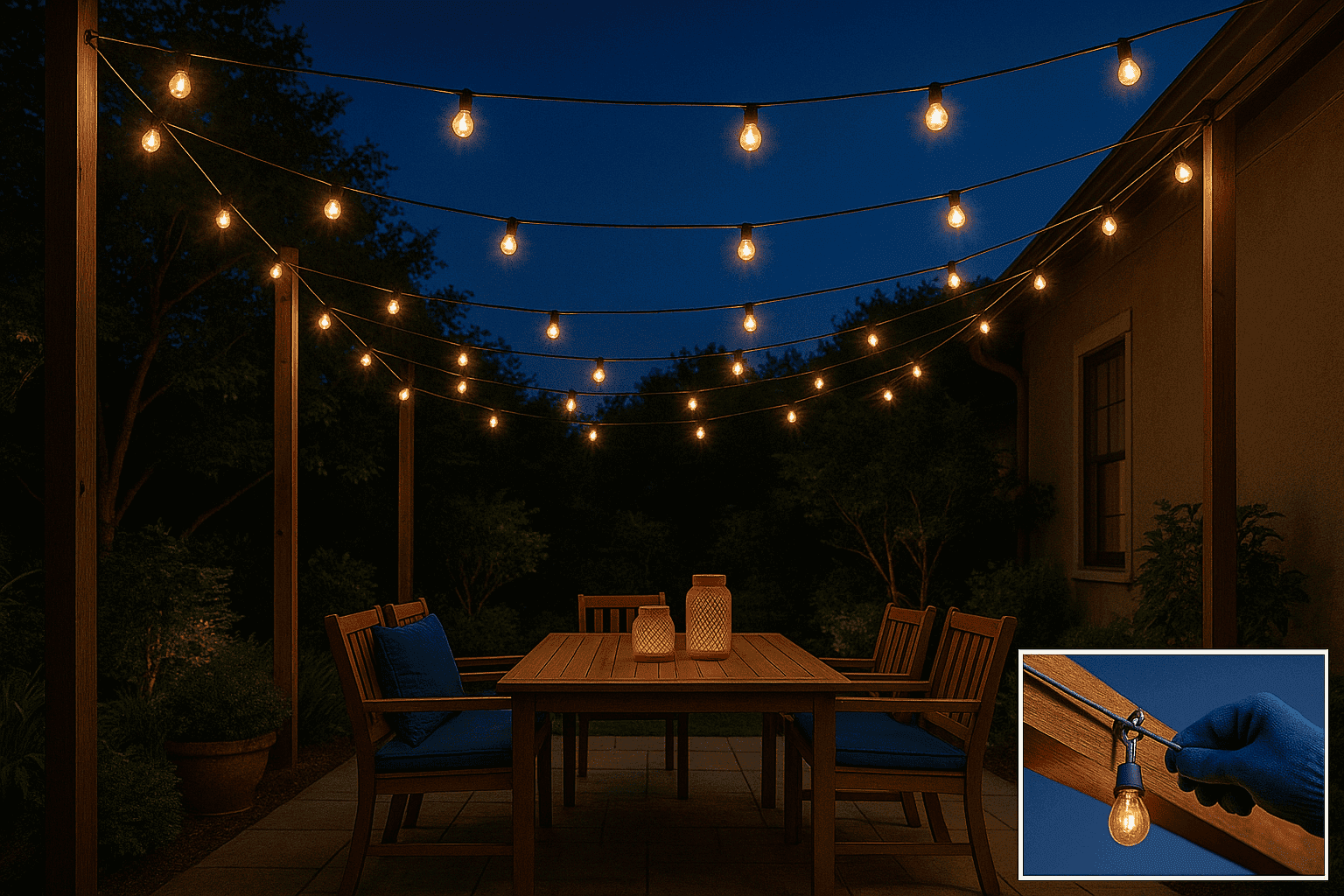 Patio with crisscrossed string lights creating a magical canopy effect at dusk
