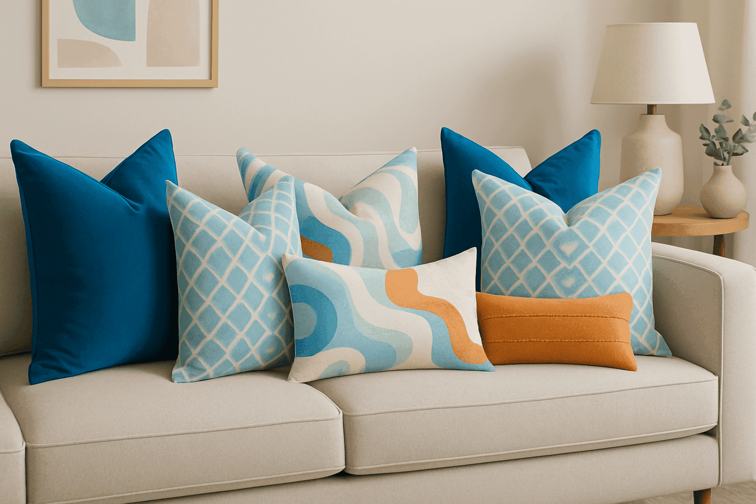 Living room sofa with artfully arranged throw pillows in various patterns