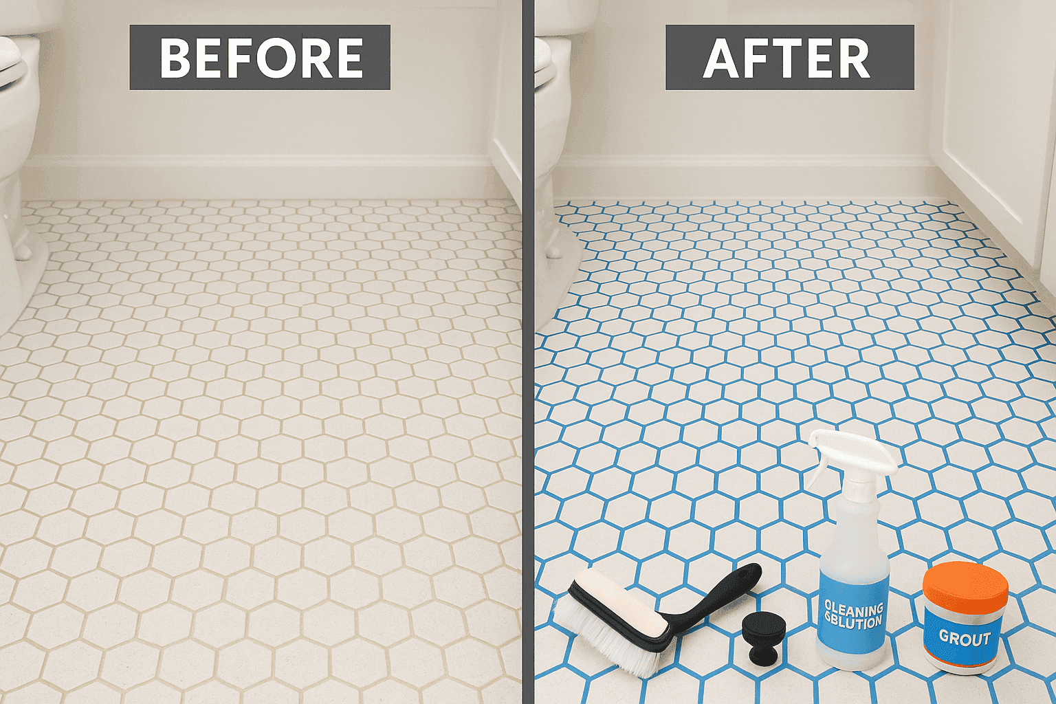 Before and after of bathroom tile with newly refreshed grout