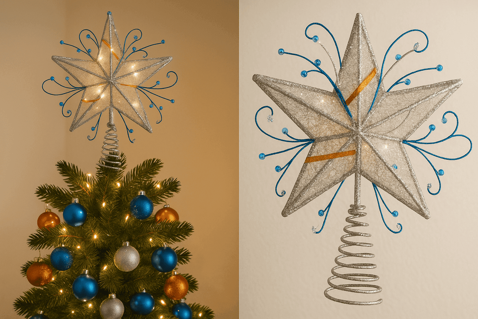 Beautiful handmade star tree topper with glitter and wire details