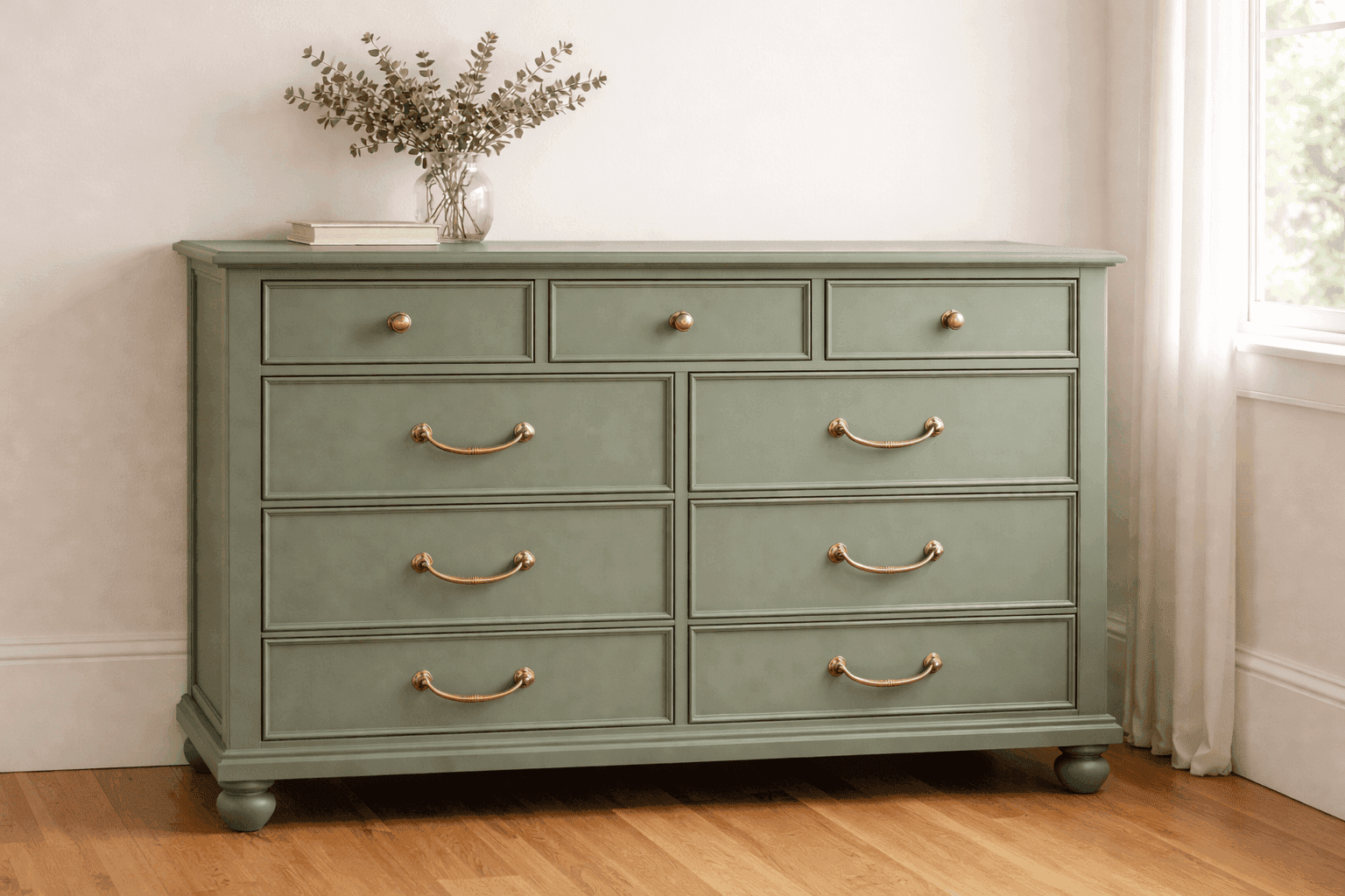 Before and after side-by-side of a dated wooden dresser transformed with sage green chalk paint and new brass hardware
