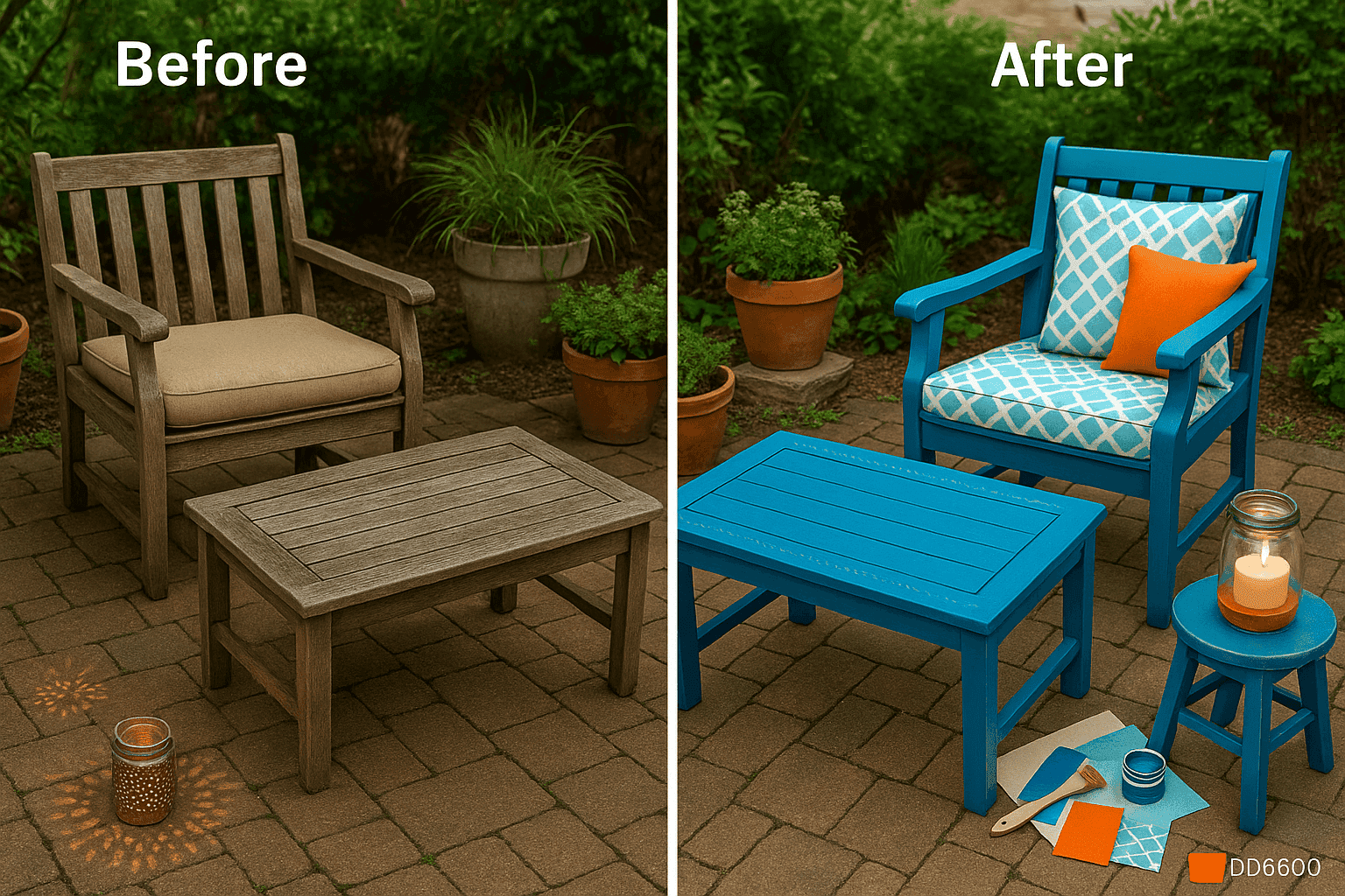 Before and after of beautifully upcycled outdoor furniture set