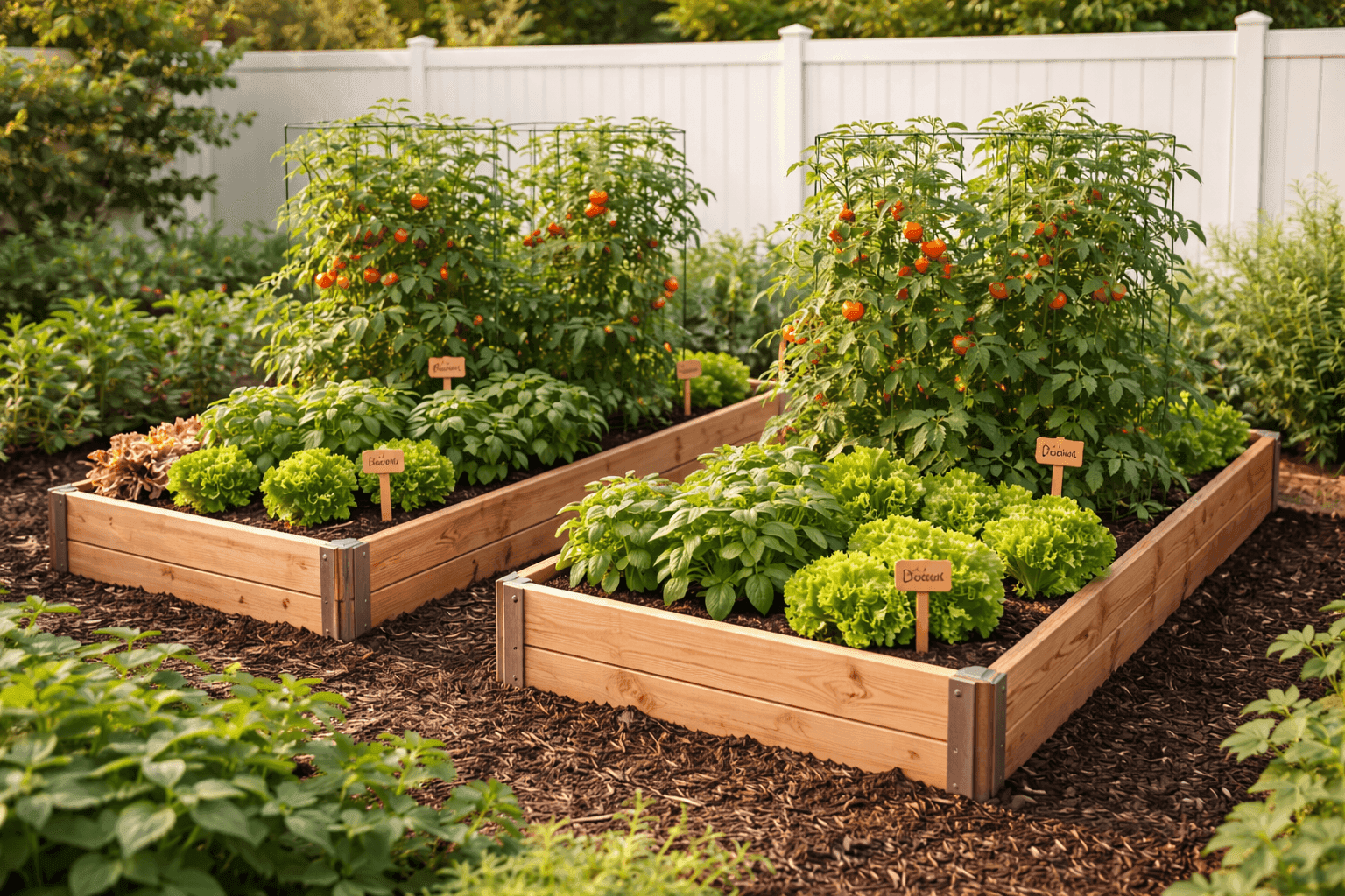 Raised cedar garden bed filled with thriving tomatoes, basil, and lettuce in a sunny backyard