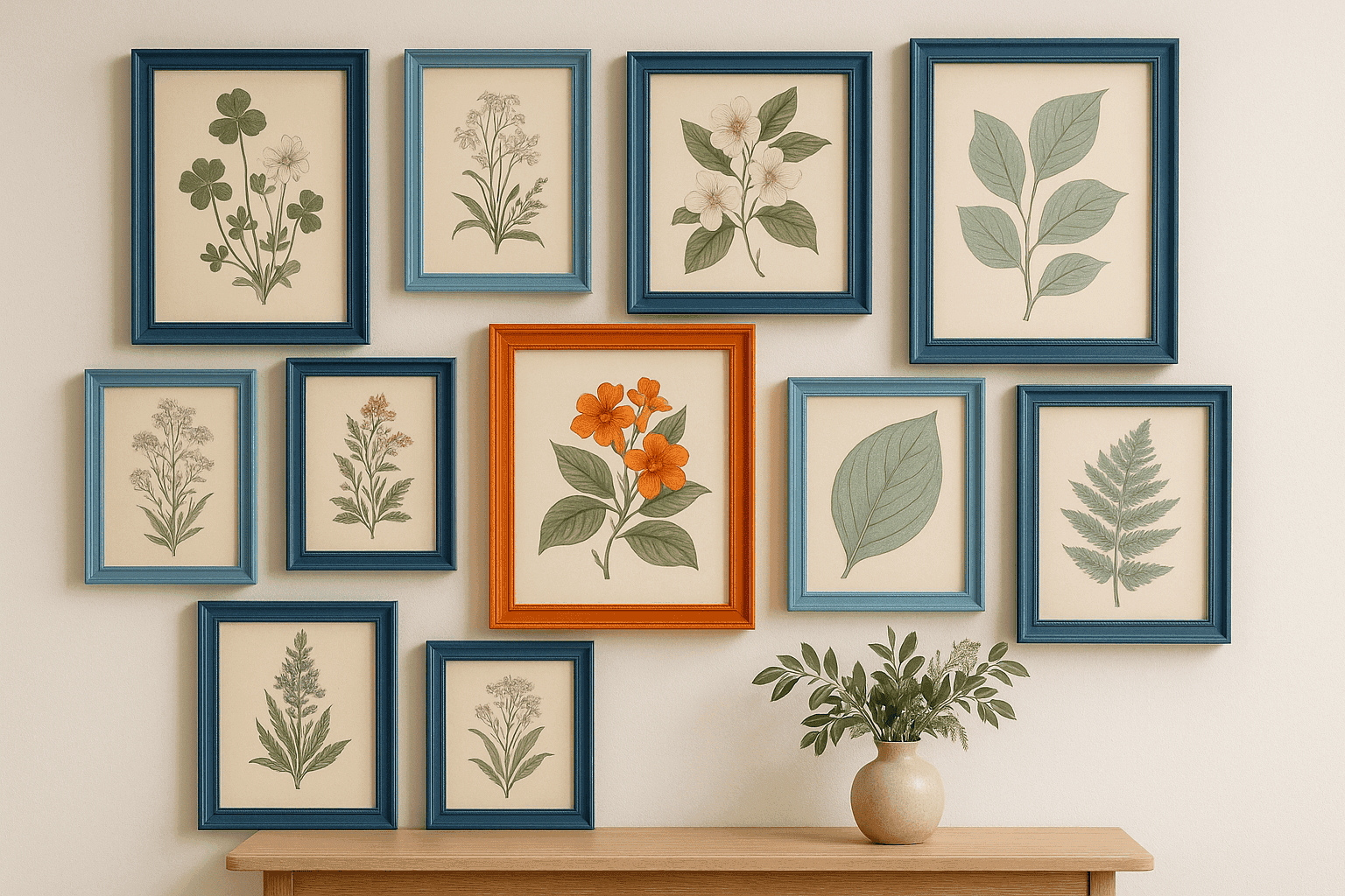 Gallery wall of framed vintage botanical prints arranged artfully