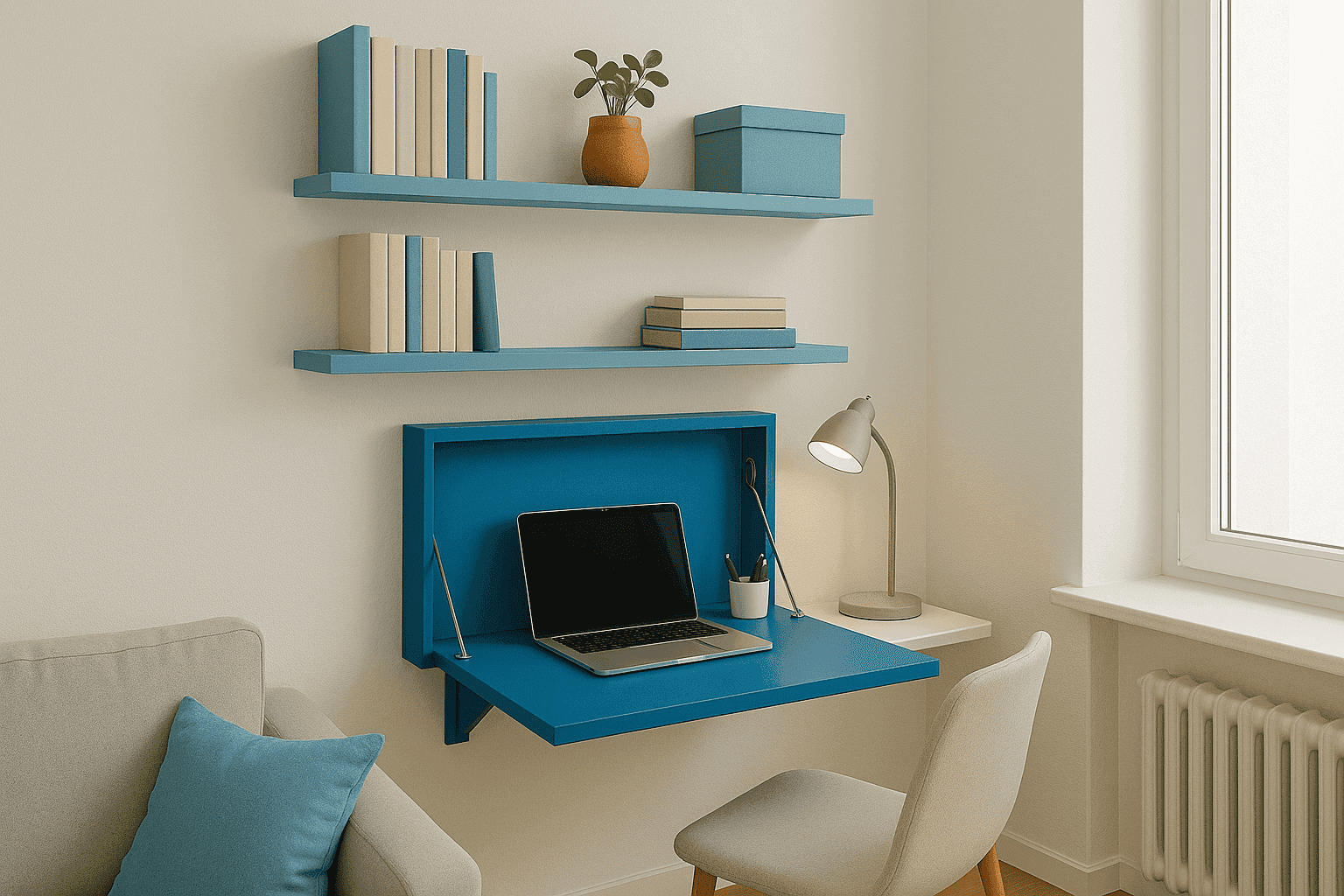 Stylish wall-mounted desk in a small apartment space