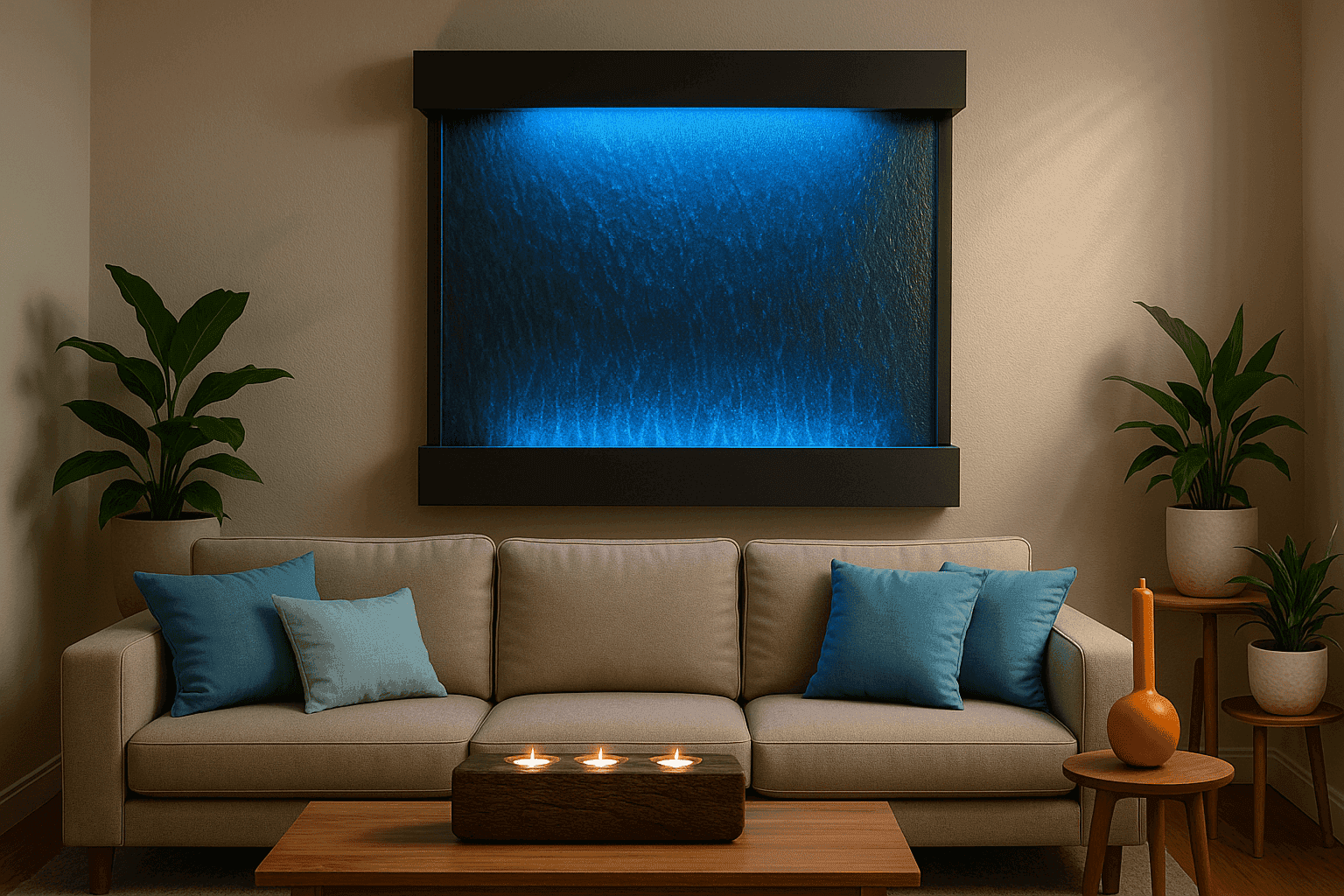 Modern living room with elegant wall-mounted water feature