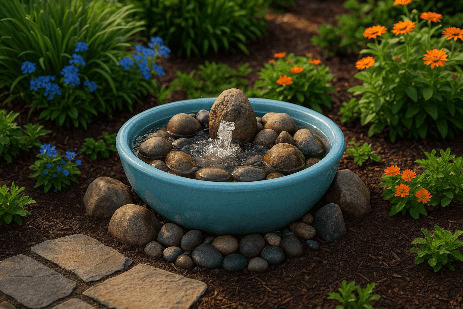 Small garden water fountain with plants and stones
