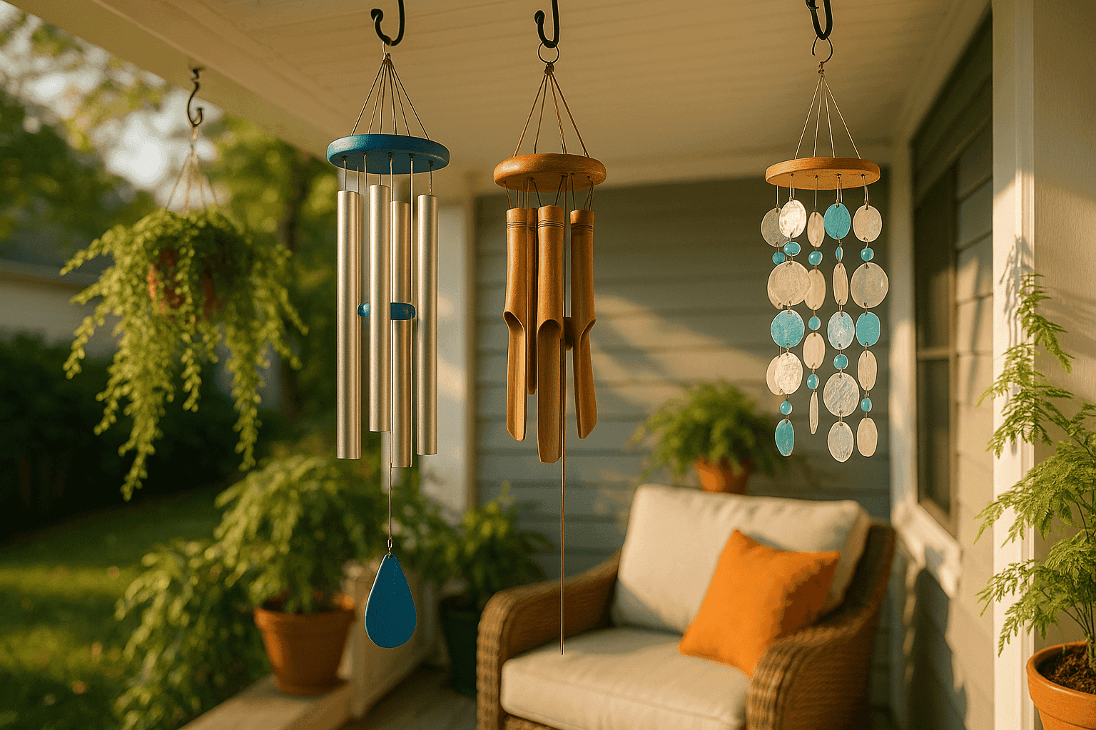 Beautiful wind chimes hanging on a porch