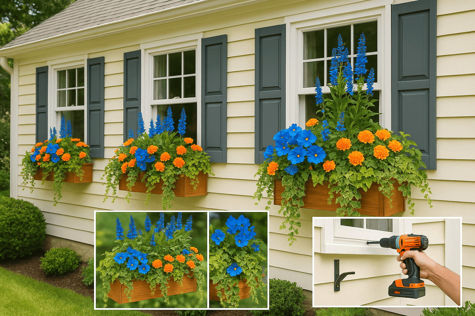 Home exterior with colorful flower-filled window boxes beneath windows