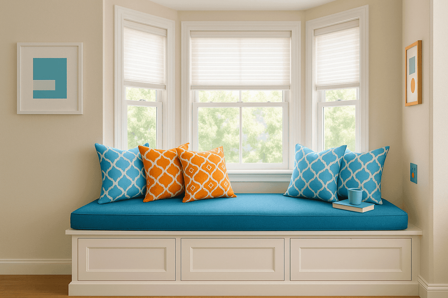 Bright window alcove with built-in window seat featuring cushions and storage underneath
