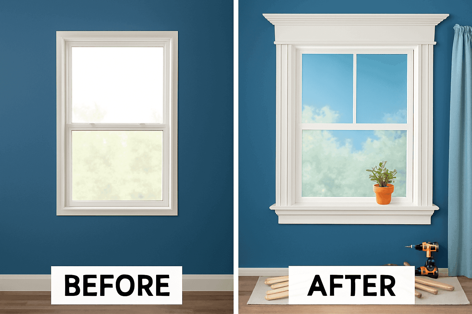 Before and after of window with elegant custom trim installation